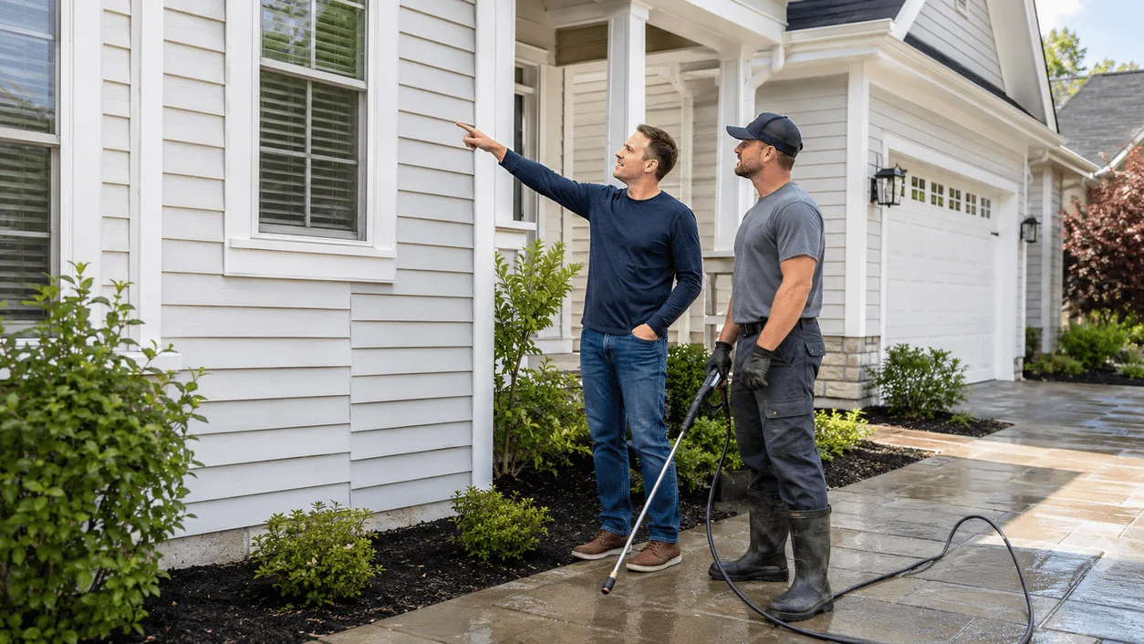 Homeowner pointing out the difference after house siding washing in Long Island, NY