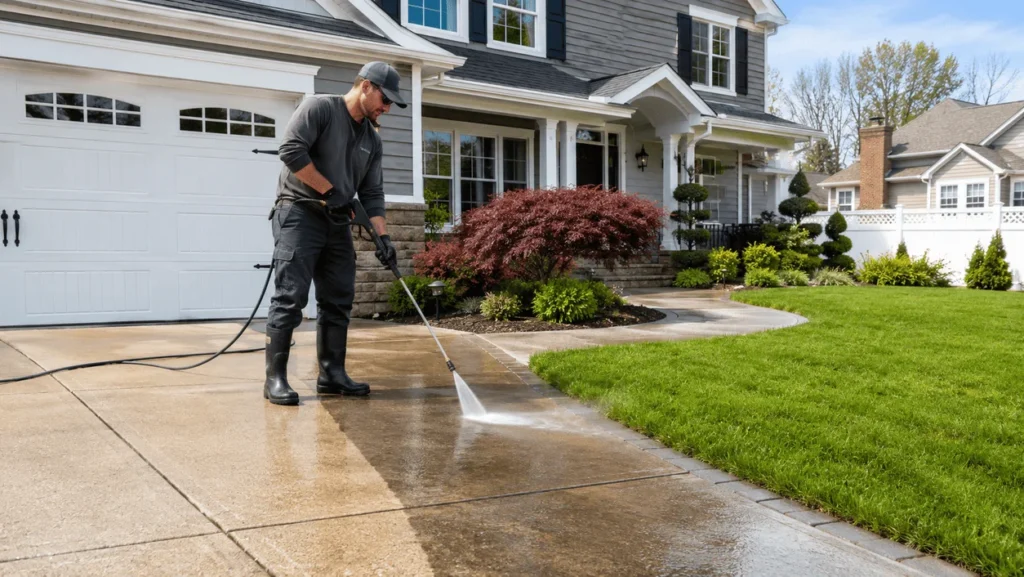 A worker doing driveway pressure washing in Long Island, NY