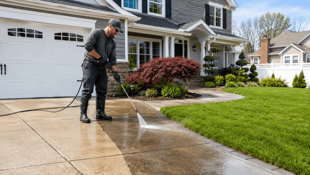 Worker pressure washing a concrete driveway in Long Island, NY