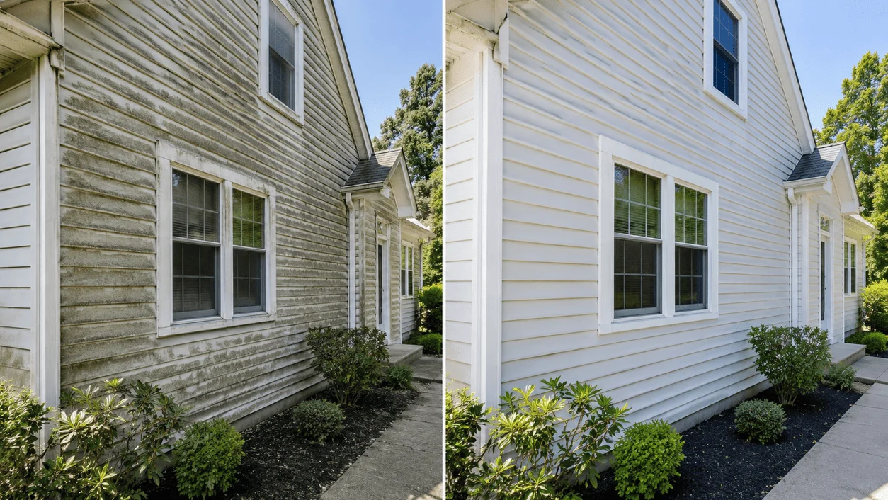 Before and after result of house and siding washing in Long Island, NY