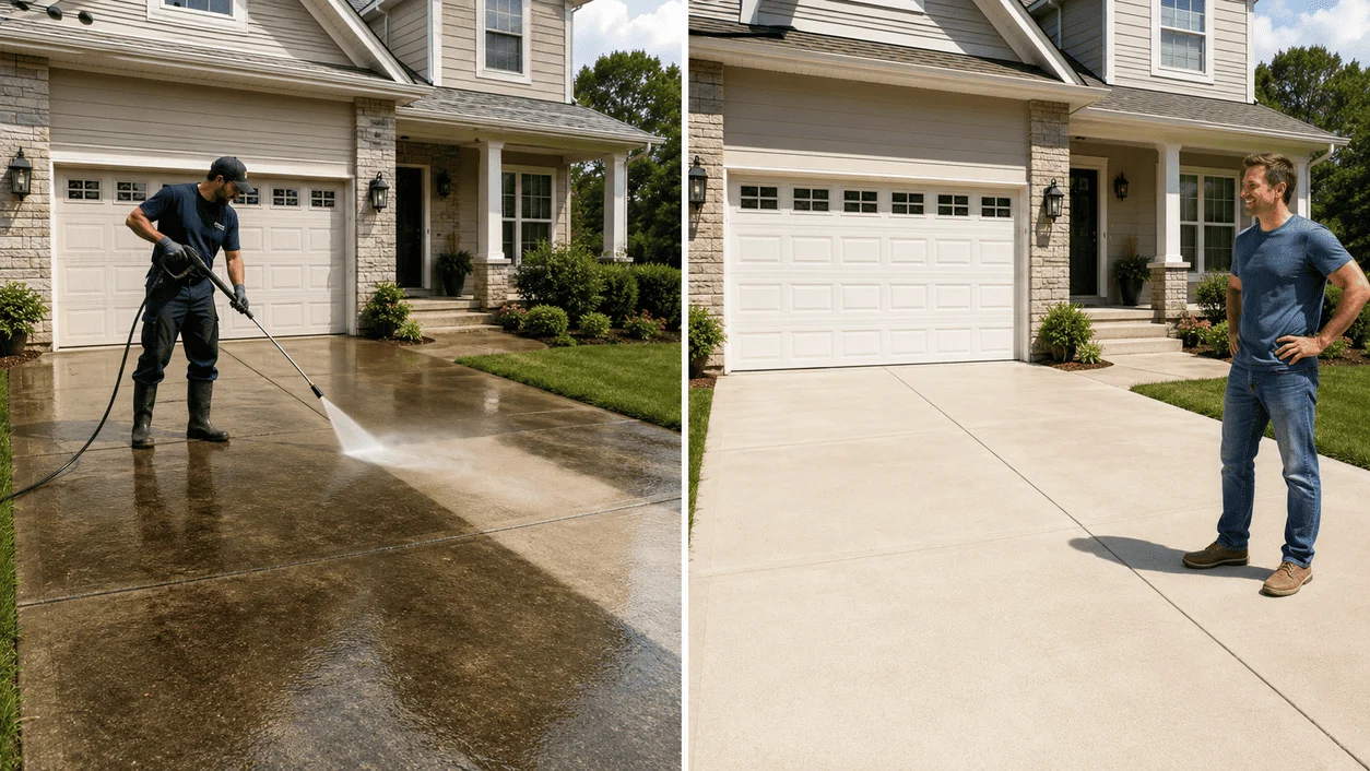 Before and after result of driveway pressure washing in Long Island, NY