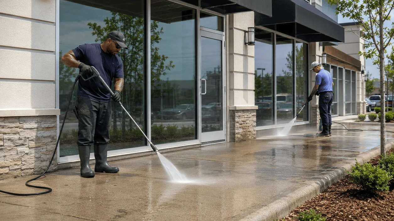 Two workers doing a storefront pressure washing in Long Island, NY