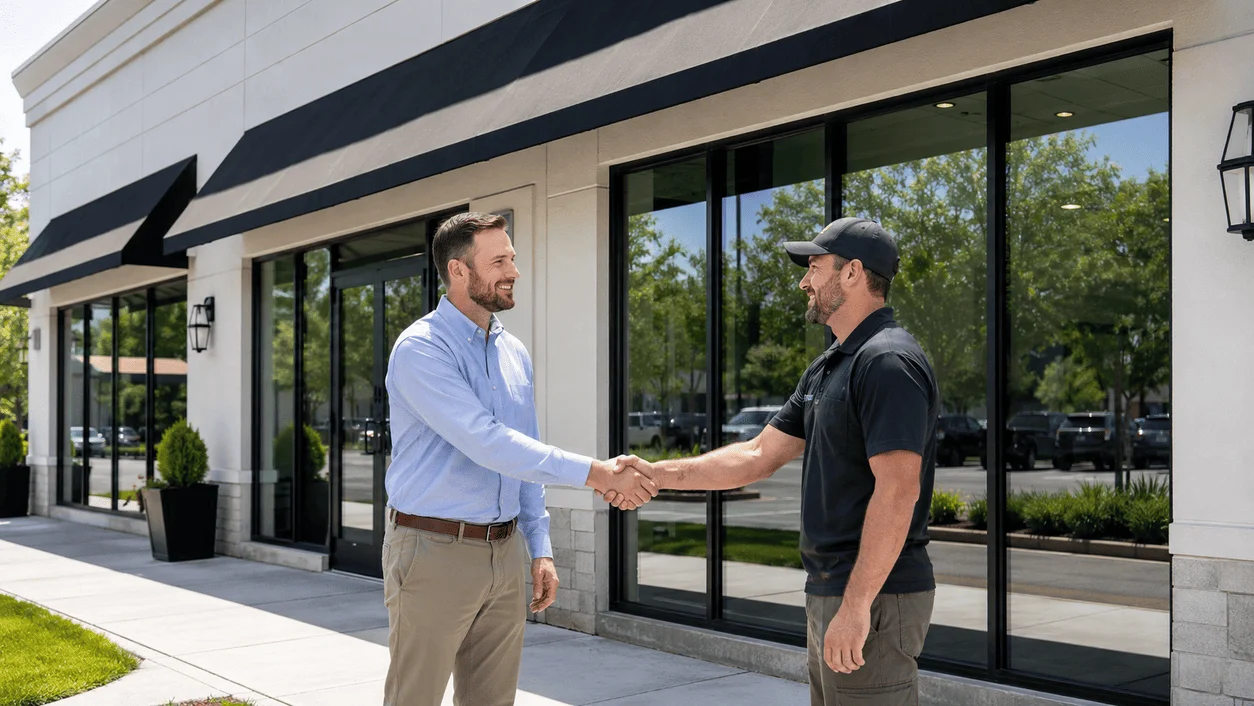Business owner handshake after commercial pressure washing in Long Island, NY