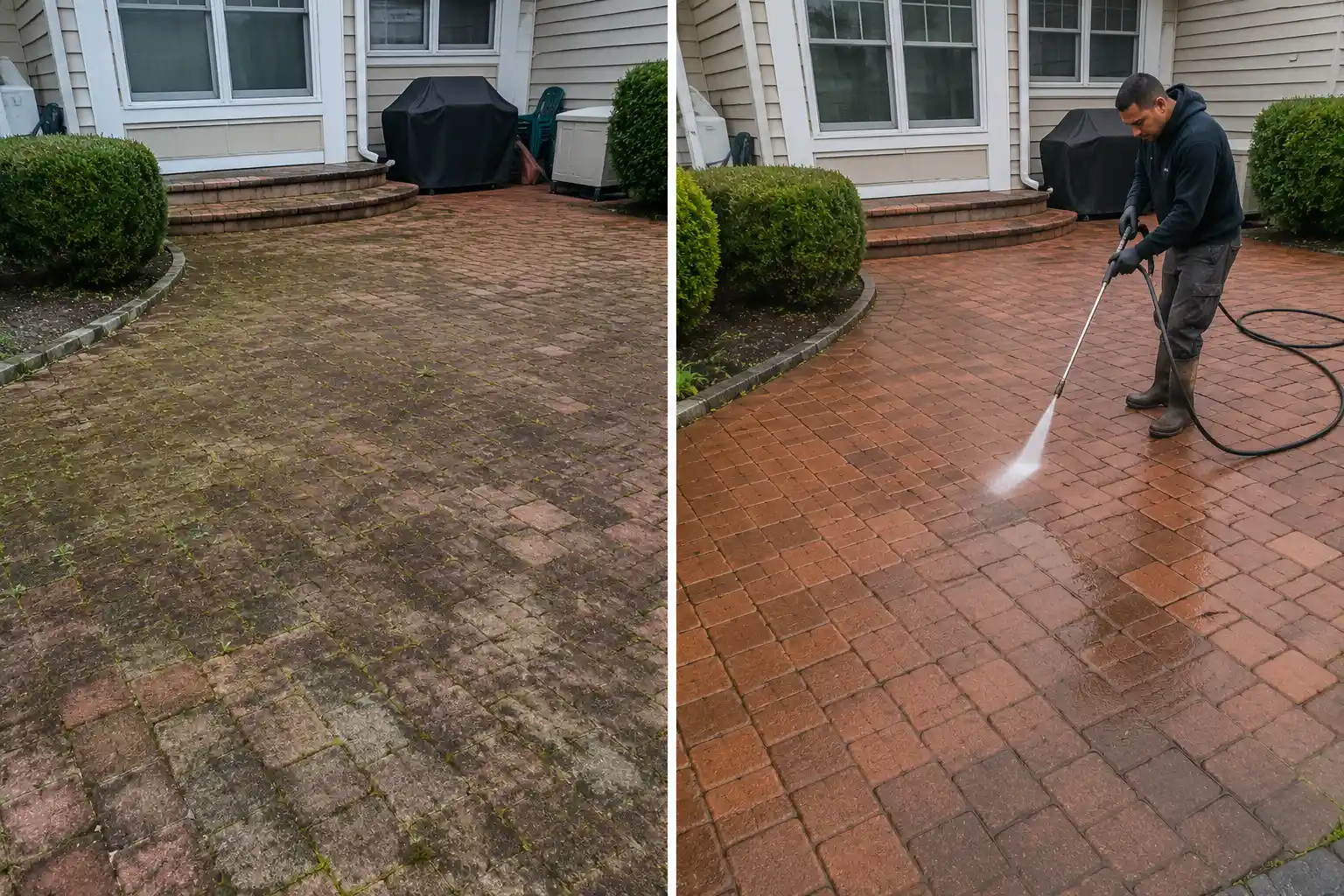 Before and after removing algae and moss from a rear brick paver patio in Long Island, NY