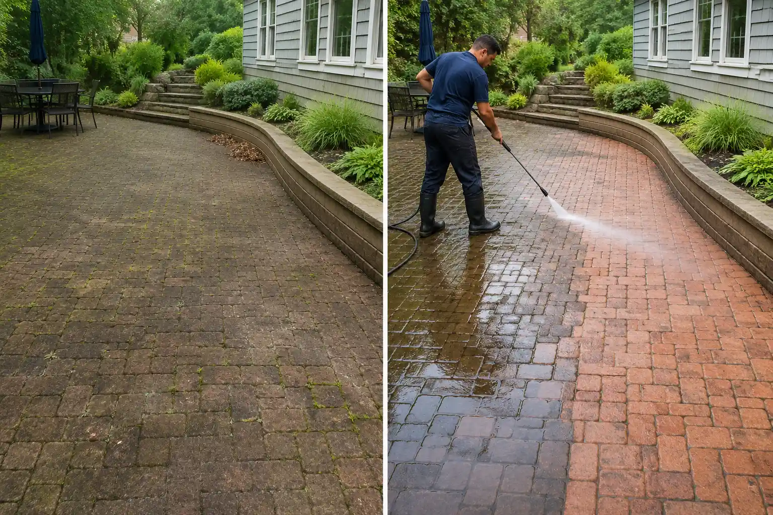 Before and after pressure washing a brick paver patio and seat wall in Long Island, NY
