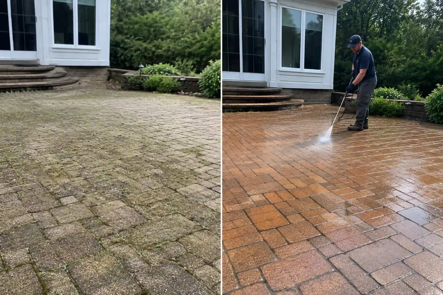 Before and after pressure washing a brick paver patio and circular steps in Long Island, NY