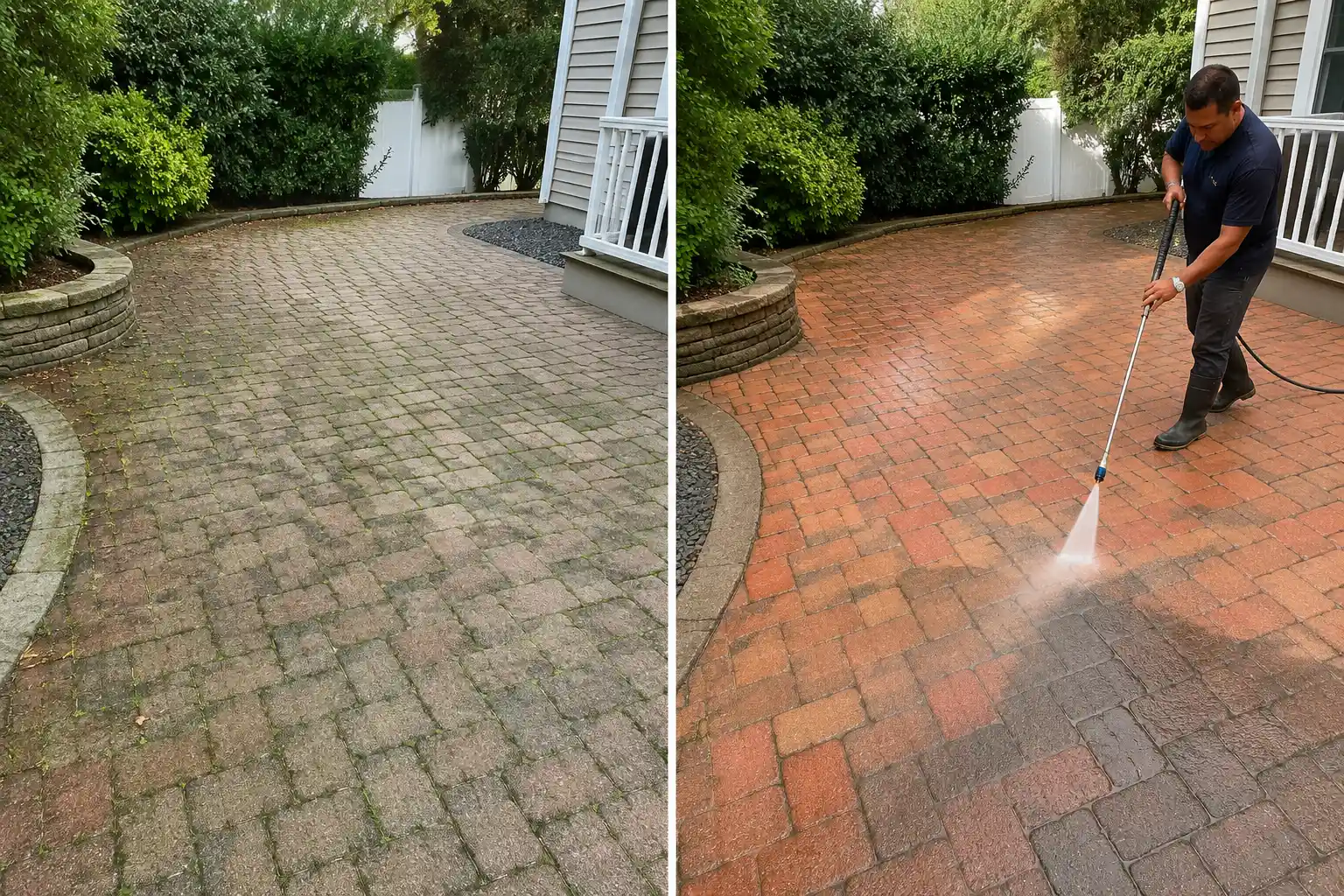 Before and after cleaning and re-sanding a curved paver patio in Long Island, NY