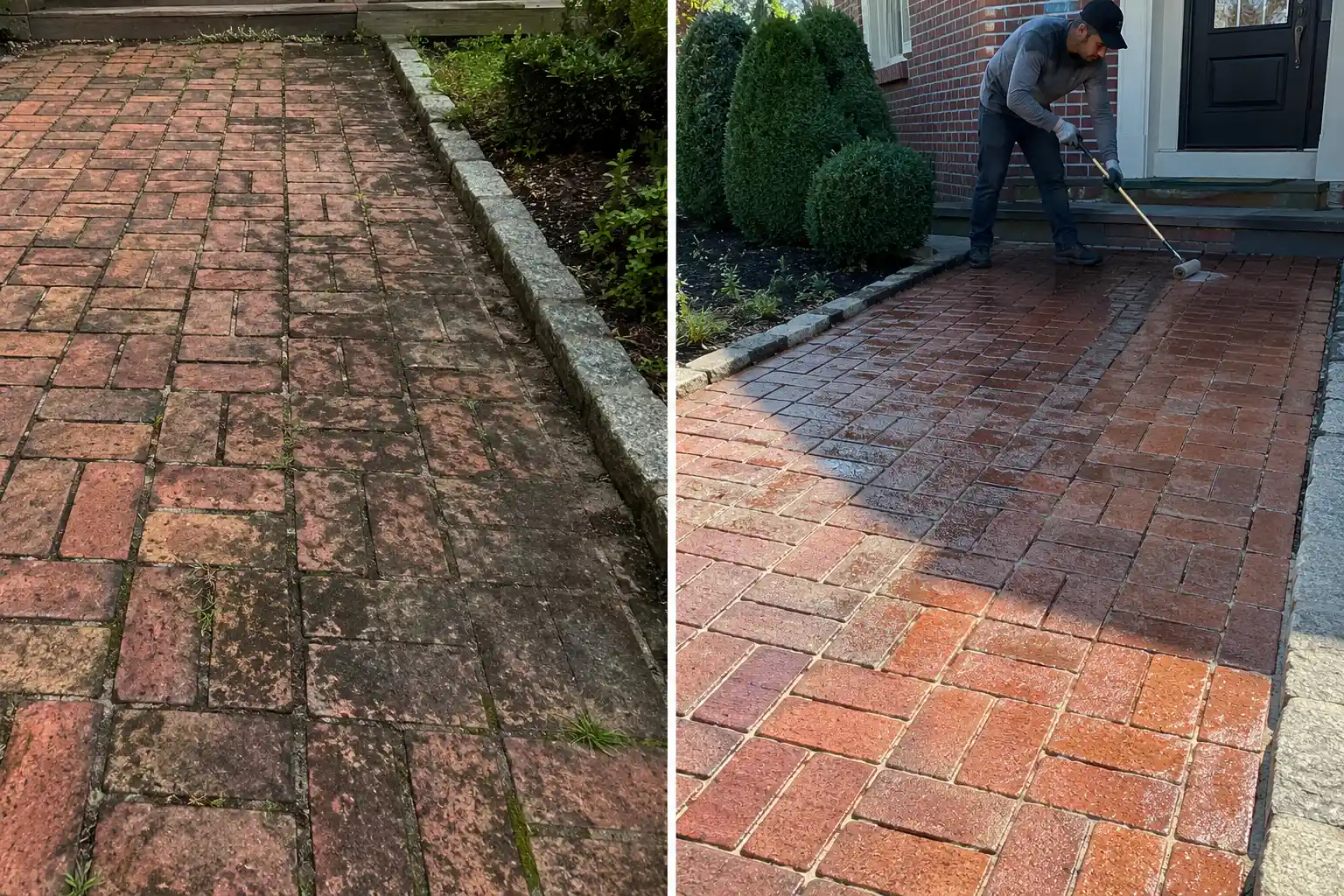 Before and after sealing a brick entry walkway at a Long Island home