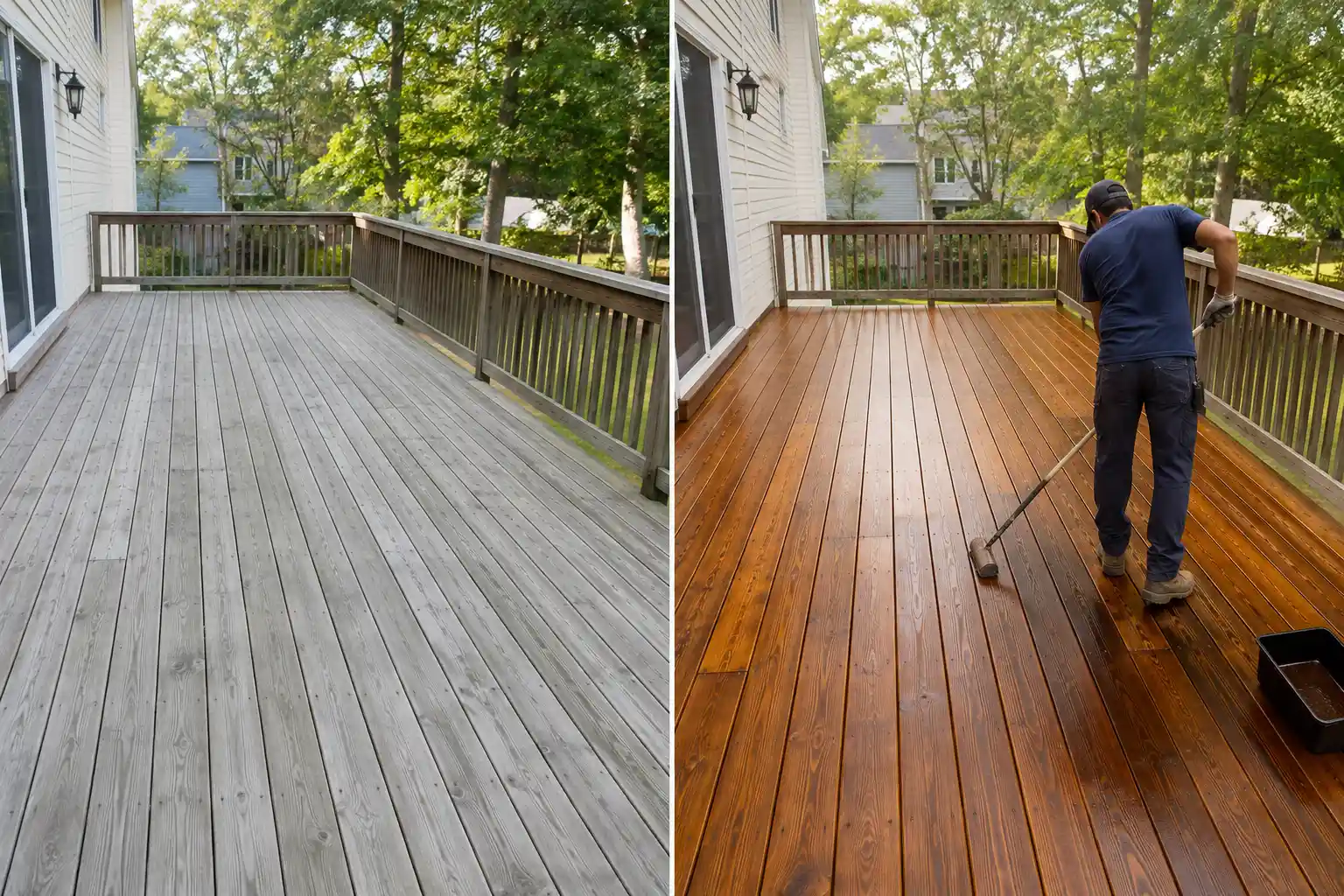 Before and after applying a penetrating sealer to a weathered wood deck in Long Island, NY