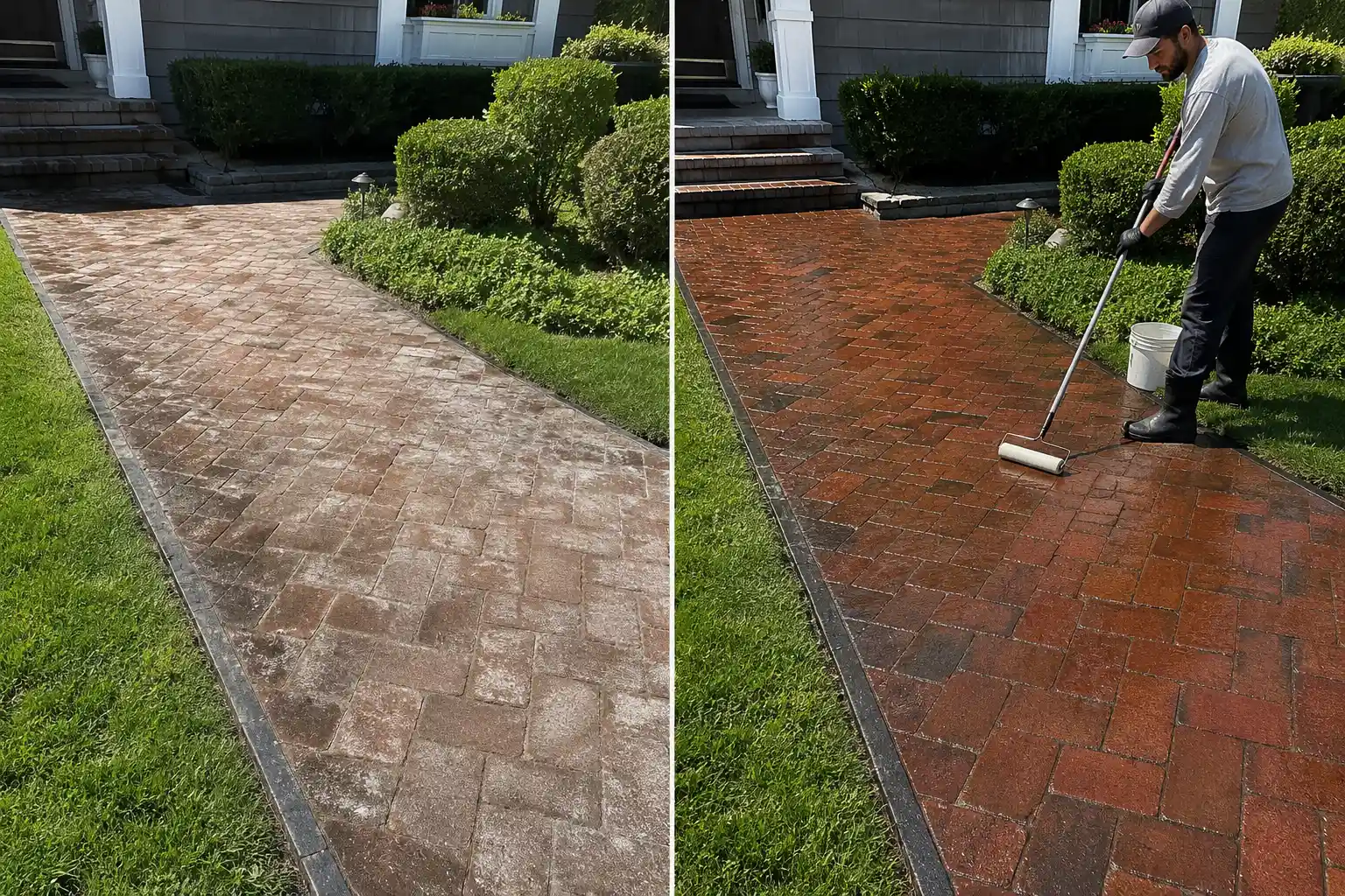 Before and after sealing a brick paver walkway in Long Island, NY