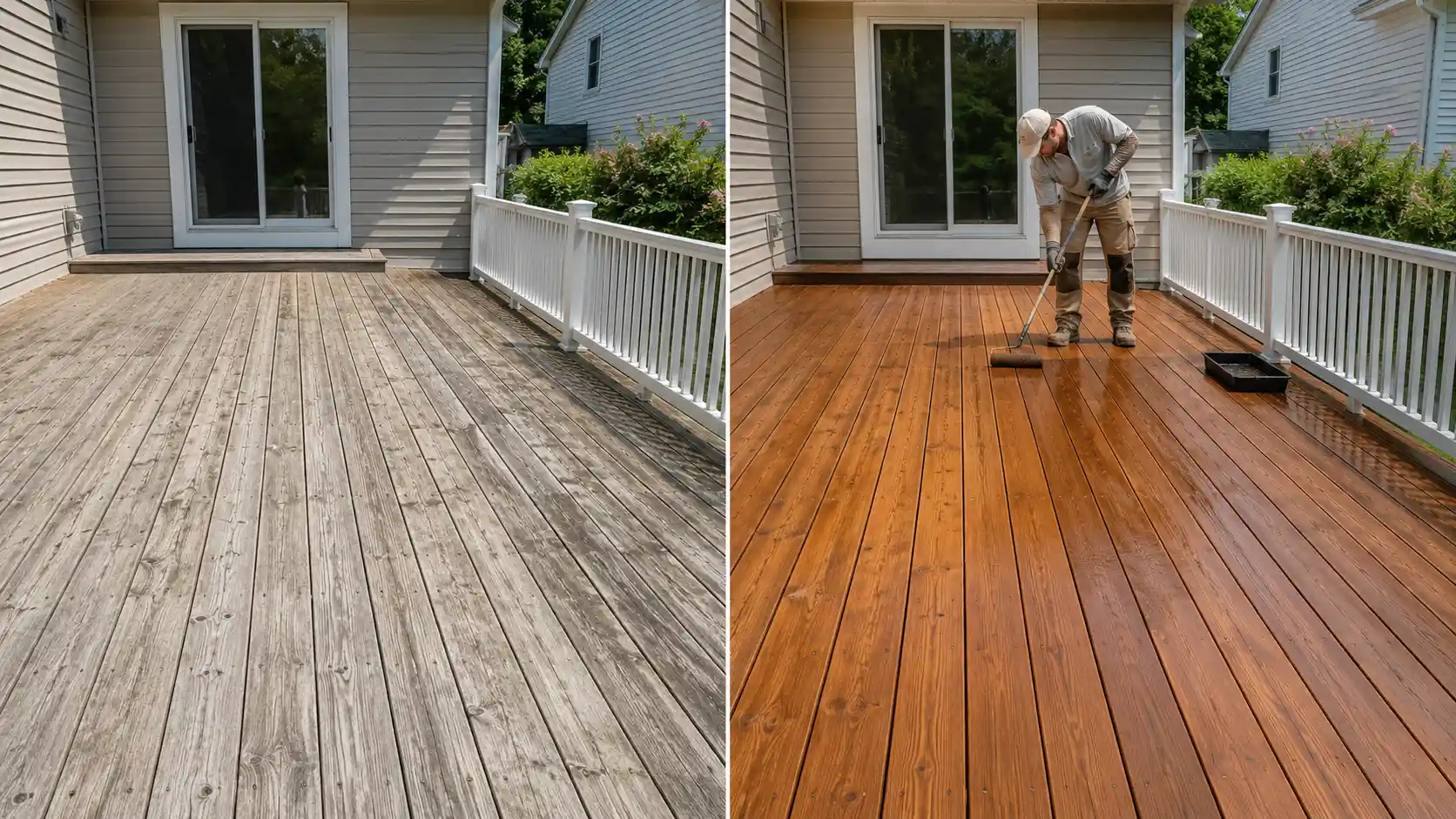 Before and after sealing a wood deck with a white railing in Long Island, NY