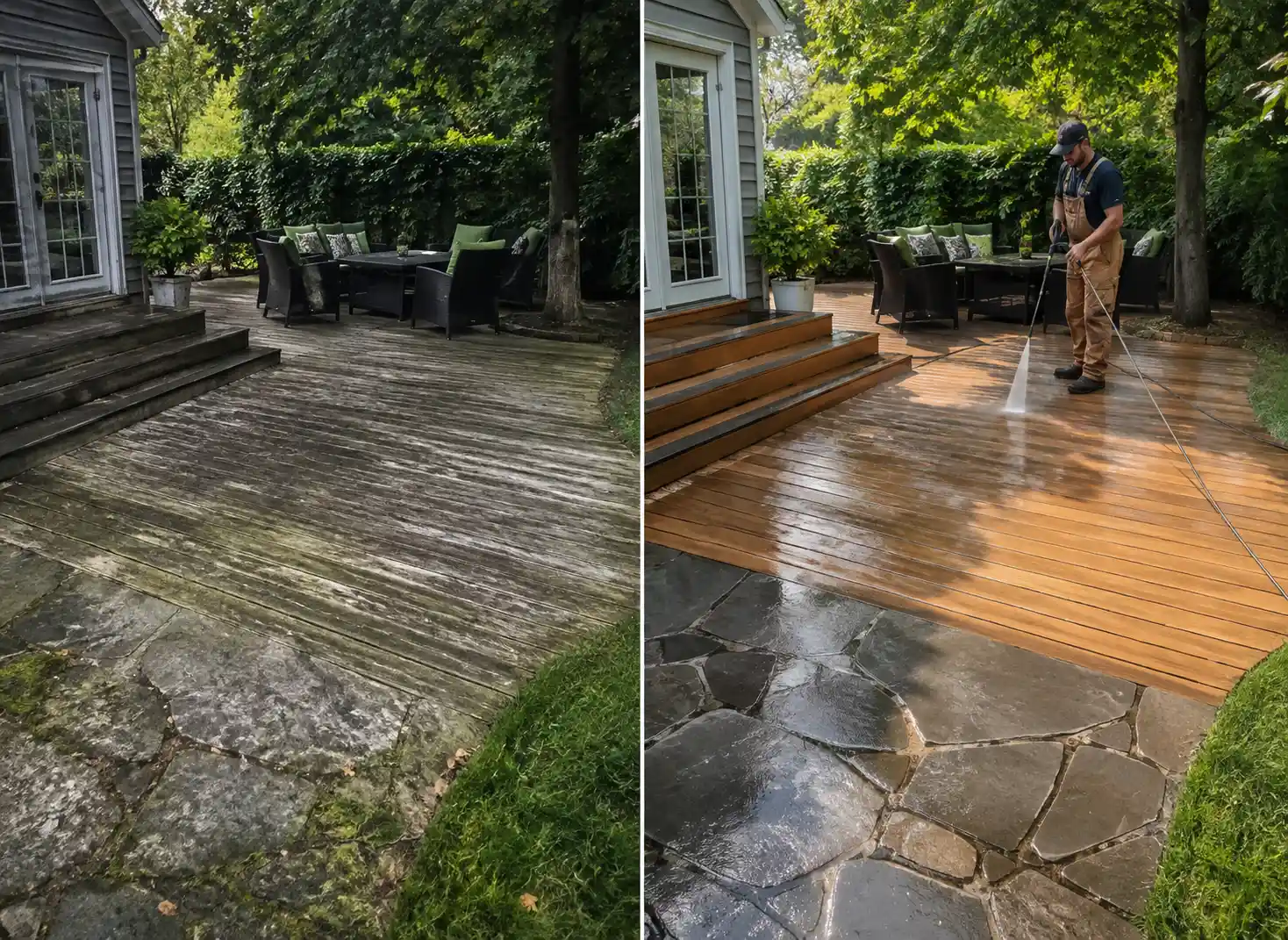 Before and after cleaning a wood deck and flagstone patio on the same visit in Long Island, NY