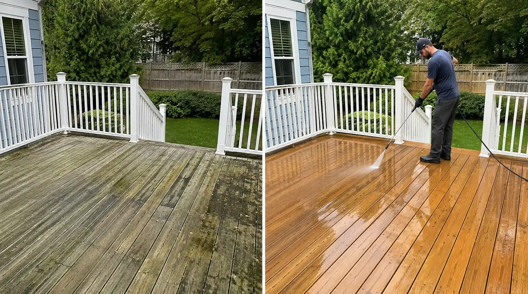 Before and after pressure washing a wood deck with a white vinyl railing in Long Island, NY