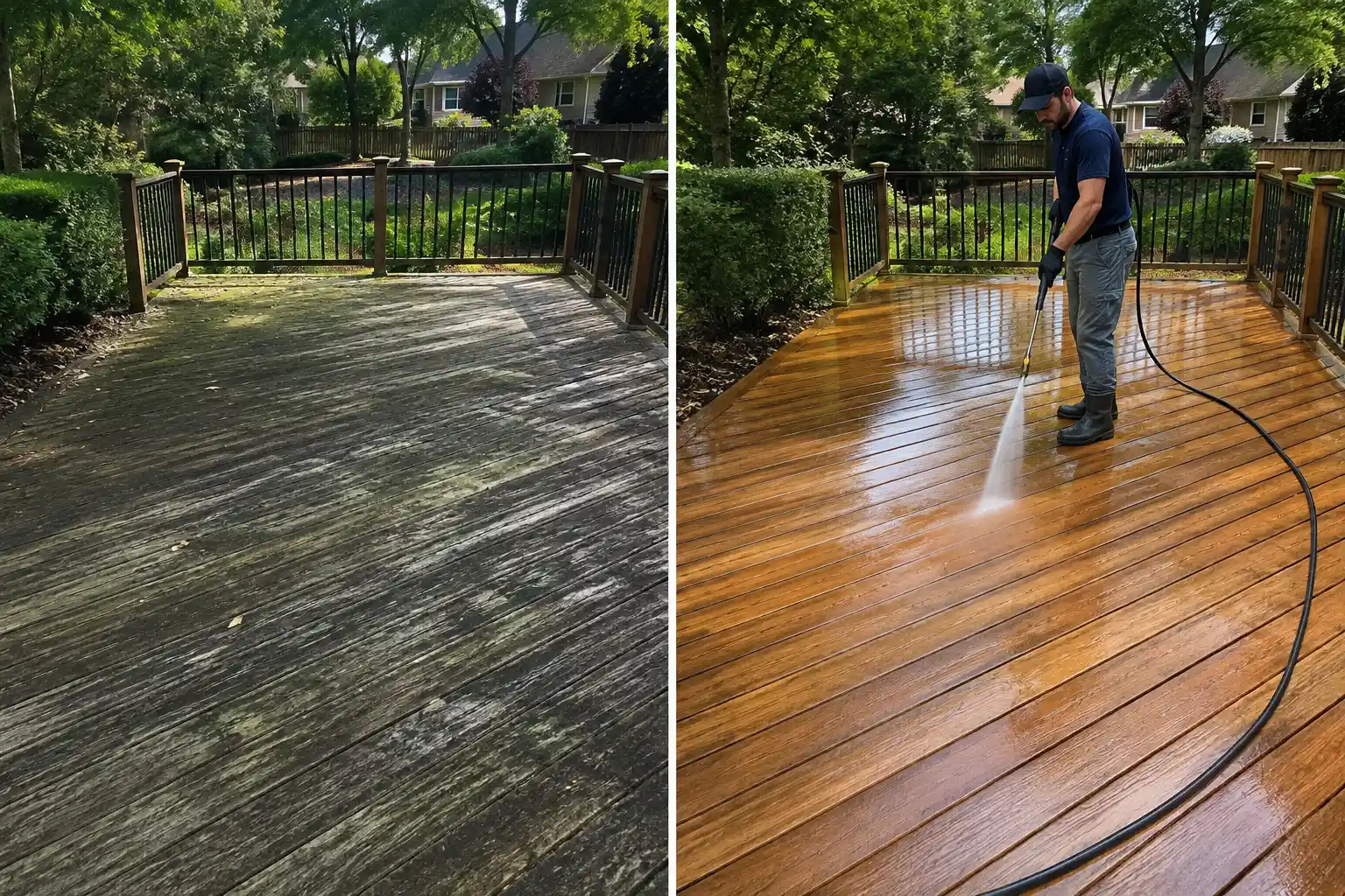 Before and after pressure washing a weathered wood deck back to warm wood in Long Island, NY
