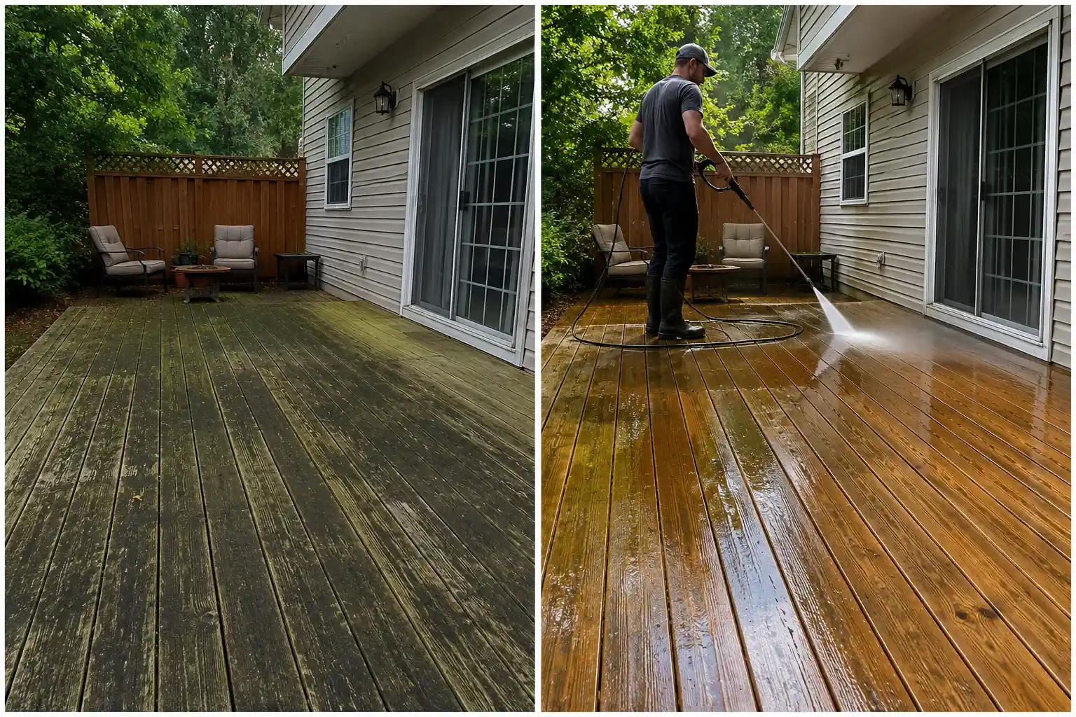 Before and after removing the algae film from a wood deck and privacy fence in Long Island, NY