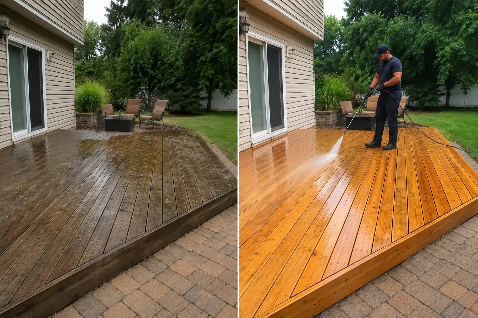 Before and after washing a wood deck built over a paver patio in Long Island, NY