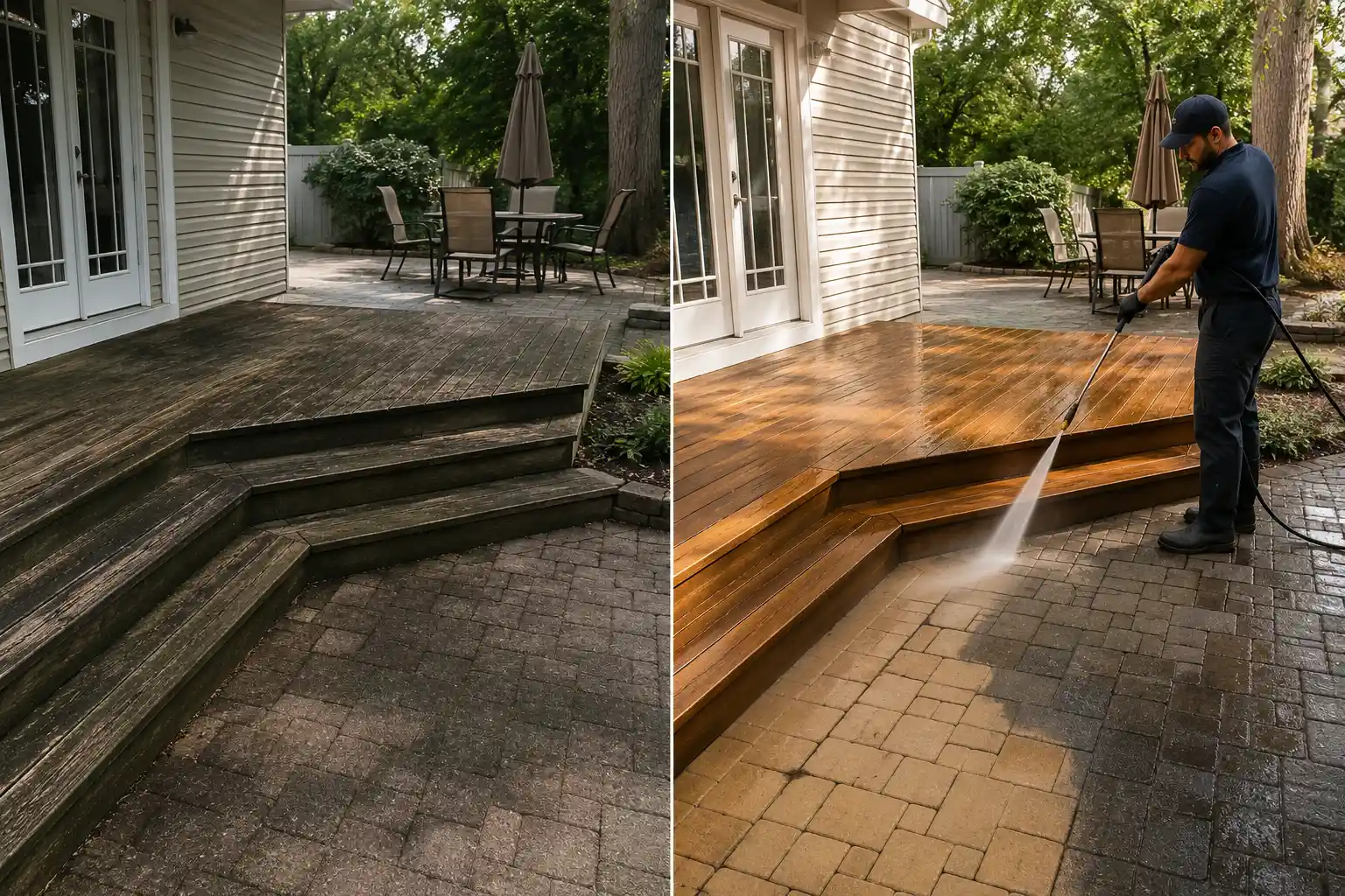 Before and after pressure washing paver patio steps and flatwork in Long Island, NY