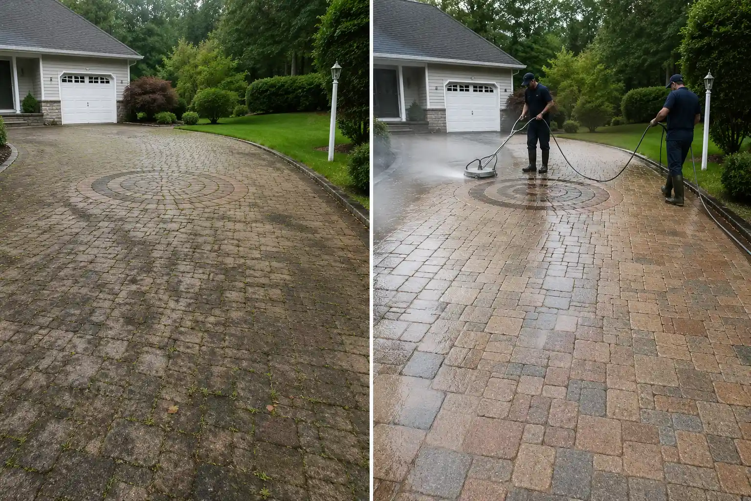 Before and after cleaning and re-sanding a circular paver driveway in Long Island, NY