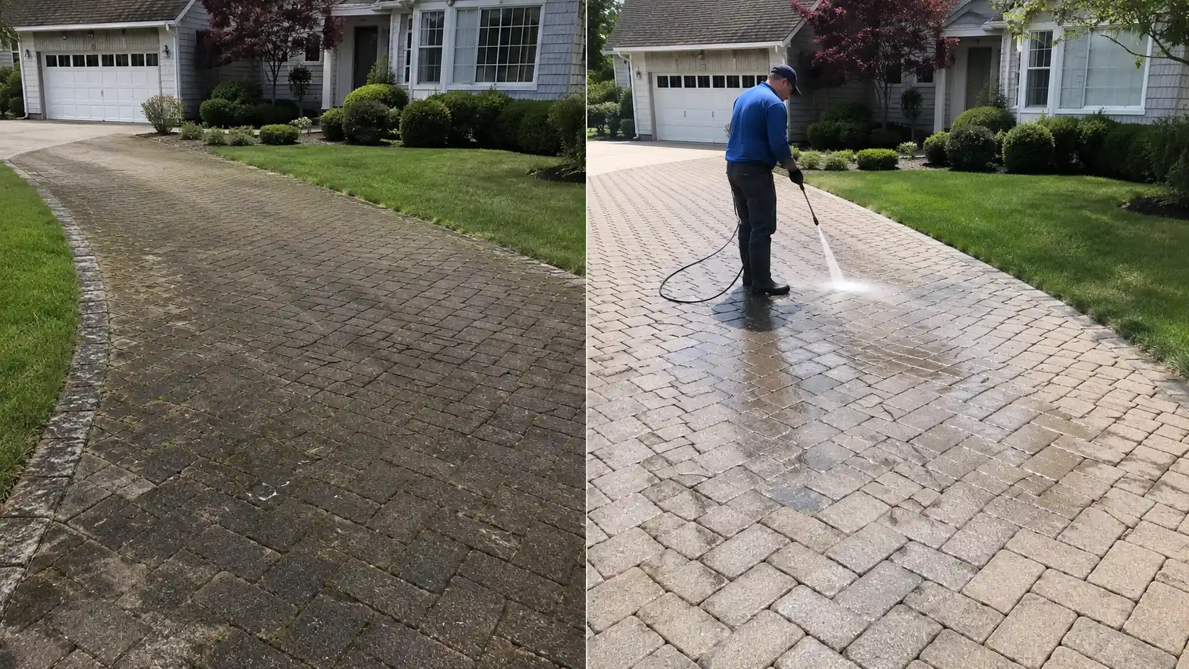 Before and after pressure washing a paver driveway and garage apron in Long Island, NY