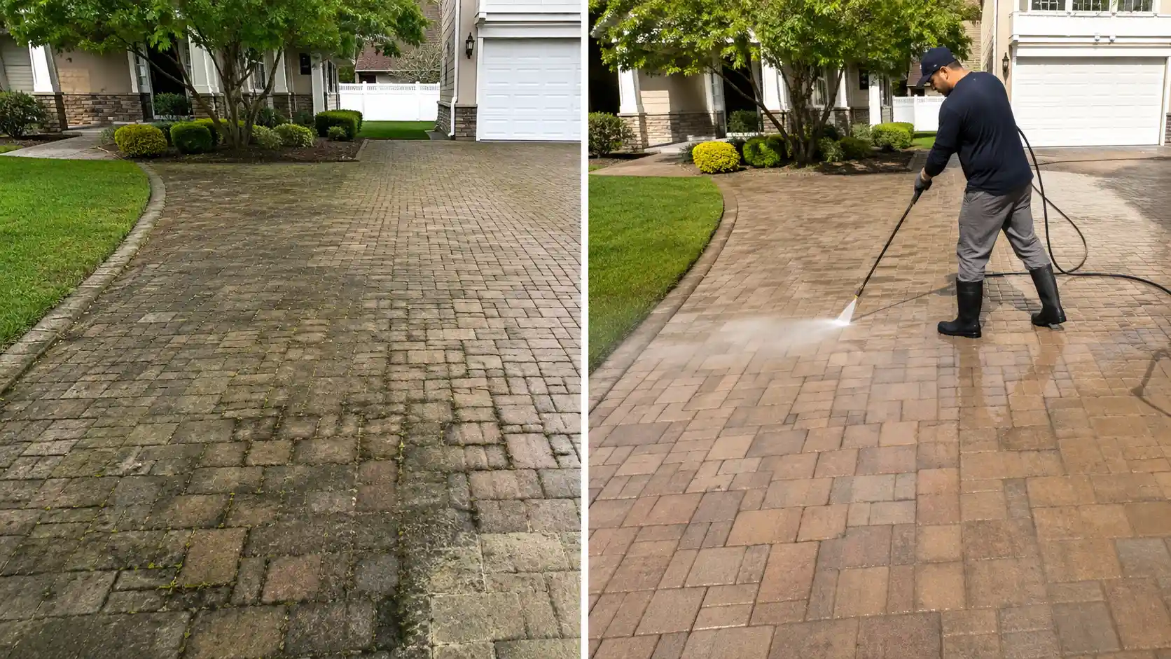 Before and after pressure washing an algae stained brick paver driveway in Long Island, NY