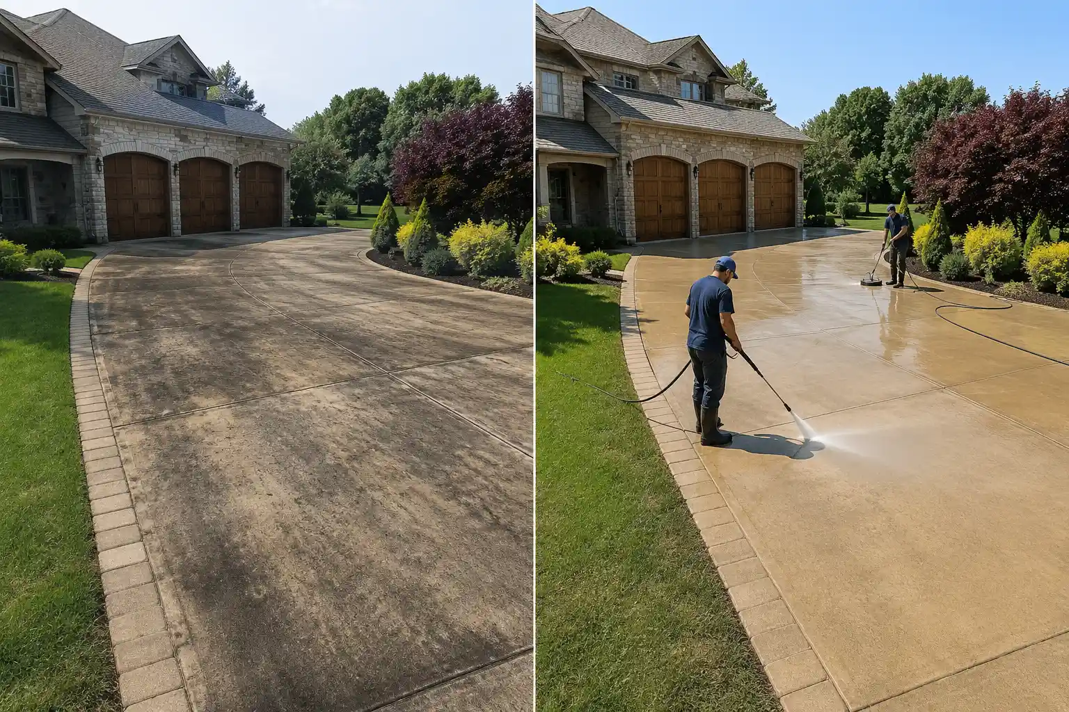 Before and after hot water pressure washing a wide concrete driveway at a three car garage in Long Island, NY