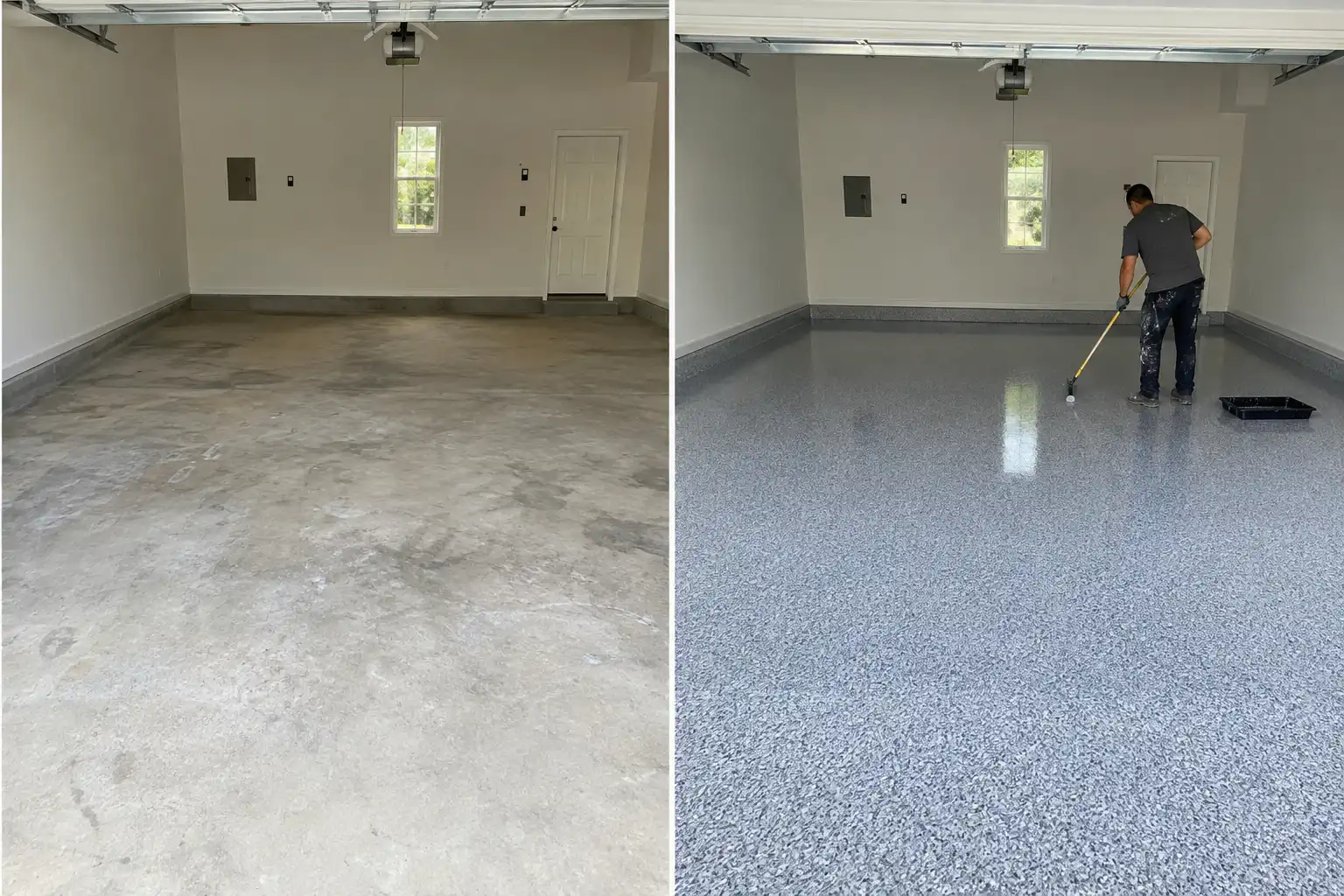 Before and after applying a solid color epoxy coating to a garage floor in Long Island, NY