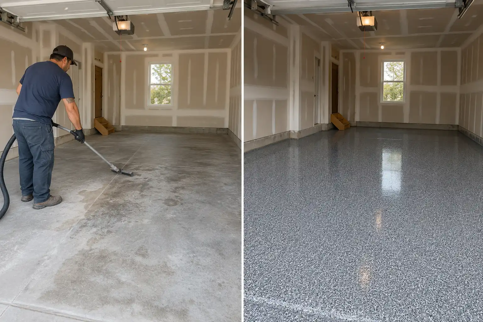 Before and after installing a grey flake epoxy floor in a Long Island garage