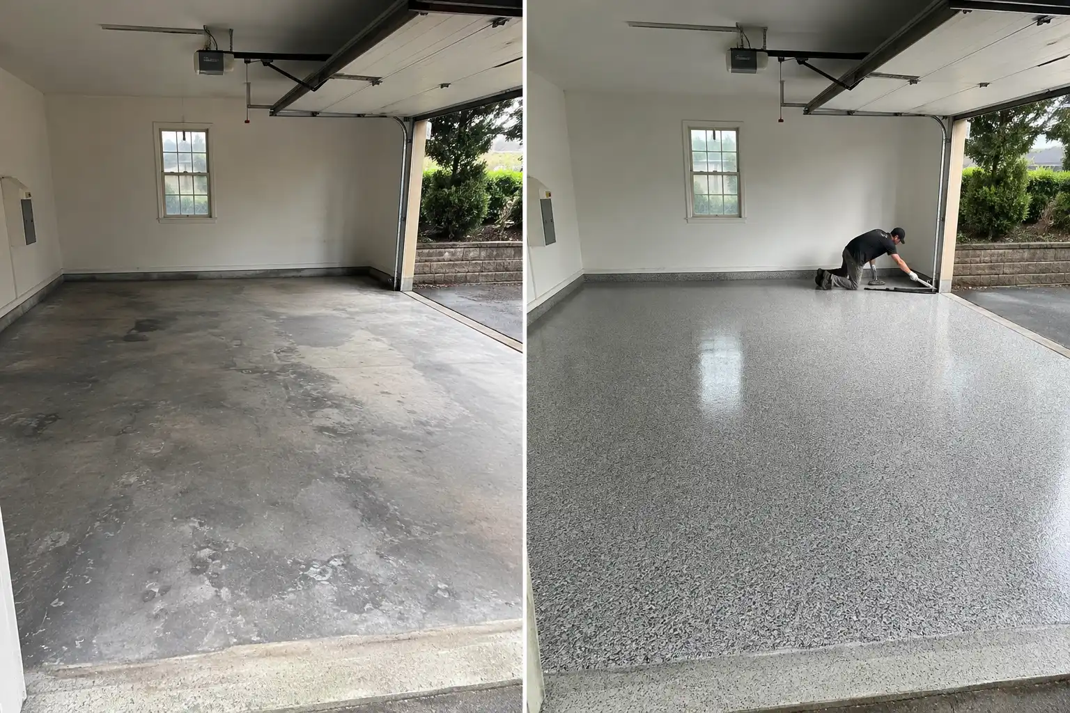 Before and after coating a cracked two car garage floor with a flake epoxy system in Long Island, NY