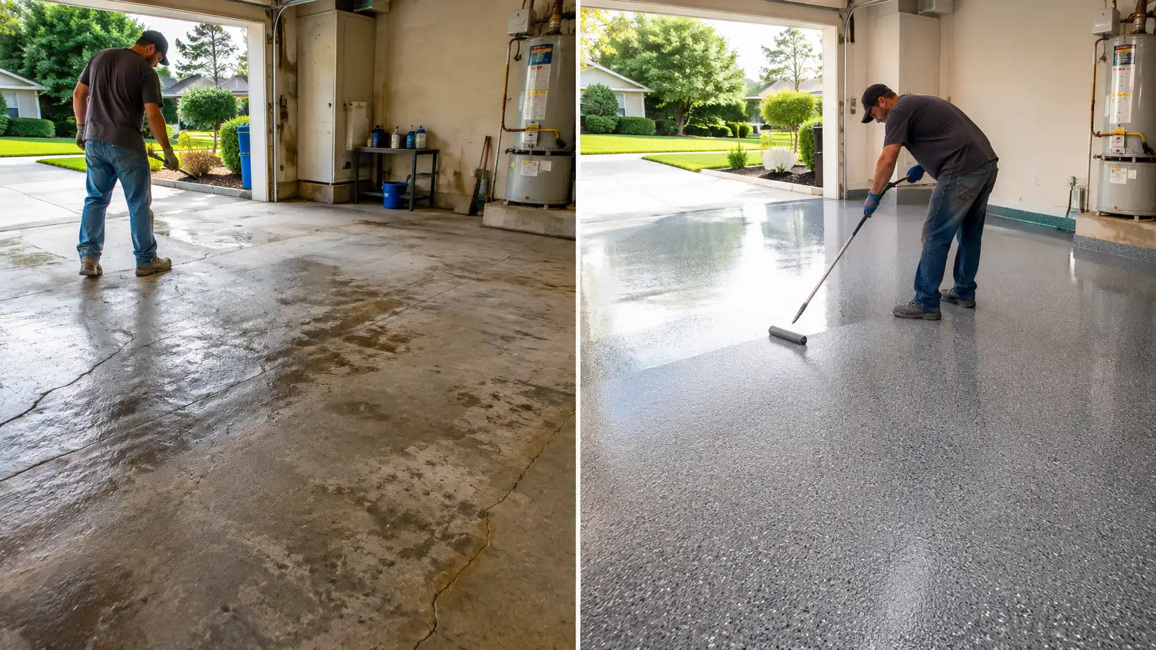 Before and after applying a high gloss epoxy coating to a utility garage floor in Long Island, NY