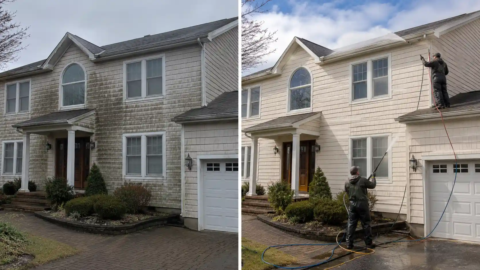 Before and after soft washing green algae off cedar shake siding on a Long Island home