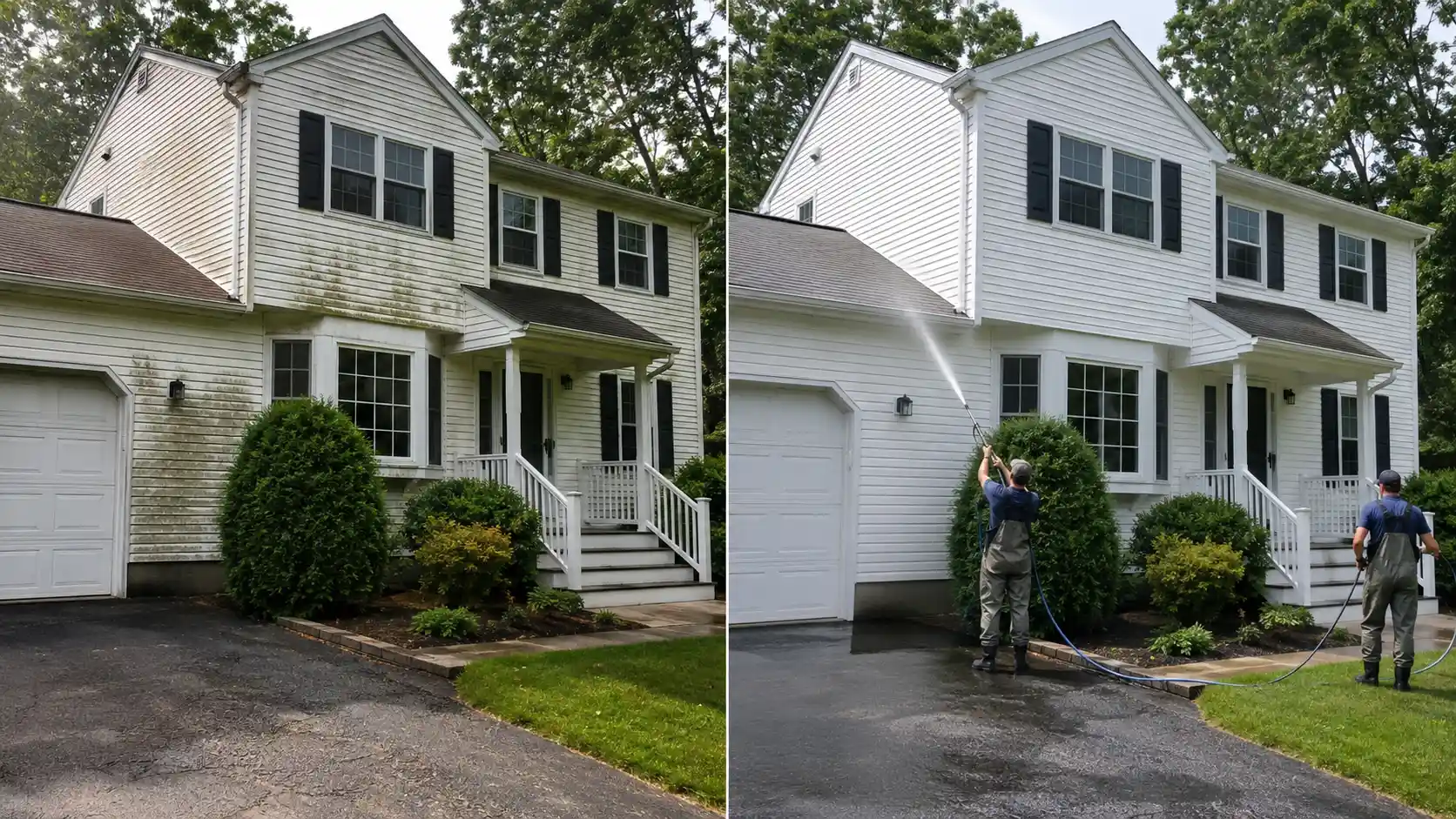 Before and after exterior pressure washing the siding, shutters and trim on a Long Island colonial