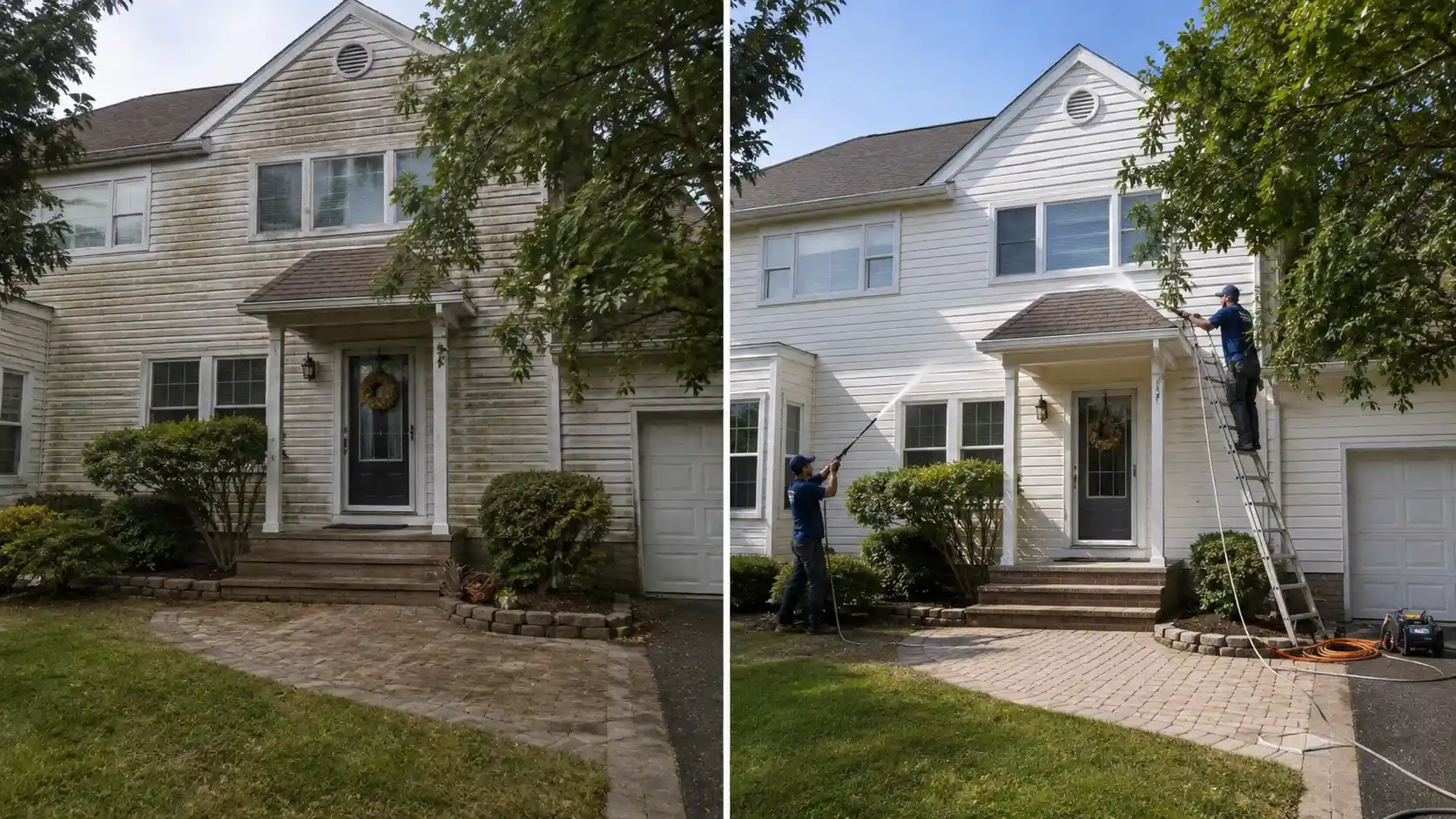 Before and after whole house exterior pressure washing on a Long Island colonial with the front walkway brightened