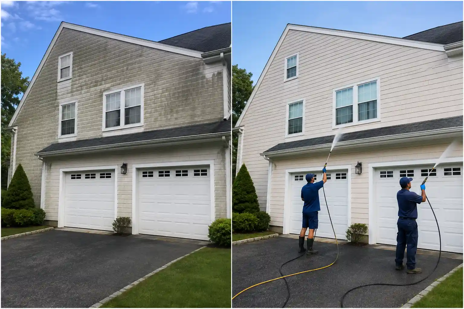 Before and after removing algae streaks from the upper siding and gable end of a Long Island home