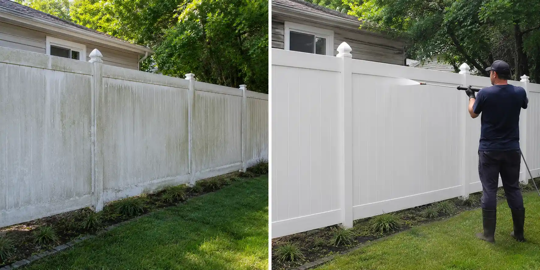 Before and after washing green algae off a white vinyl privacy fence in Long Island, NY