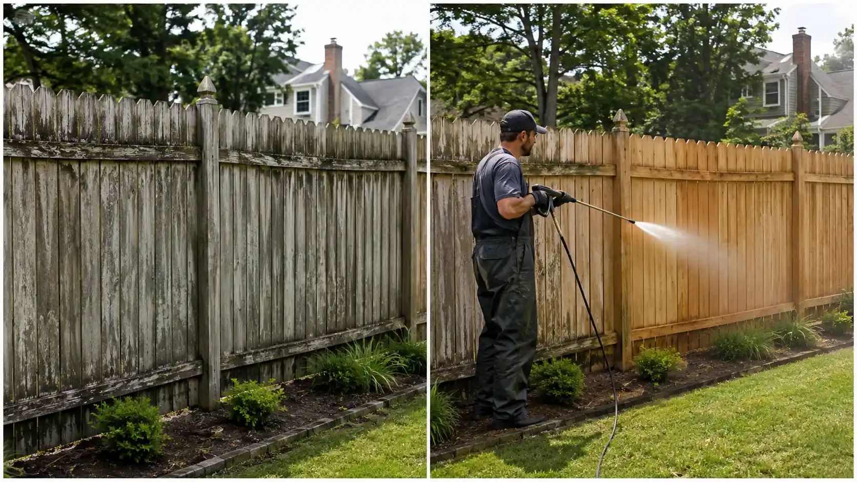 Before and after pressure washing a grey wood picket fence in Long Island, NY