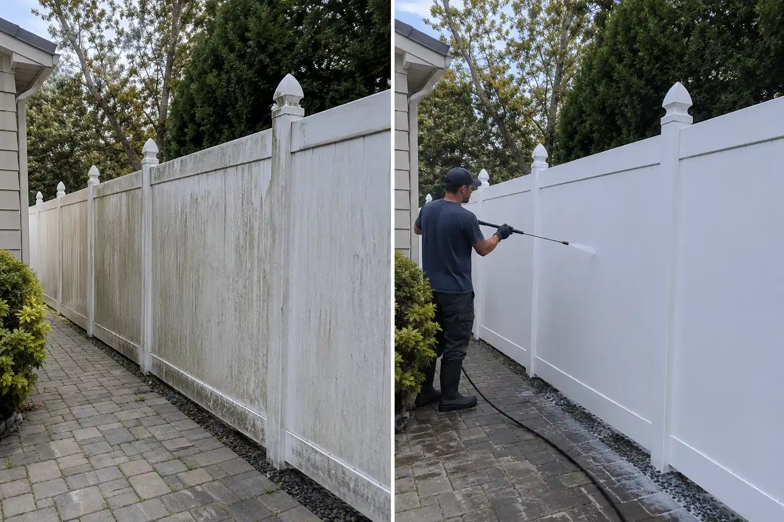 Before and after cleaning a white vinyl fence and post caps in Long Island, NY