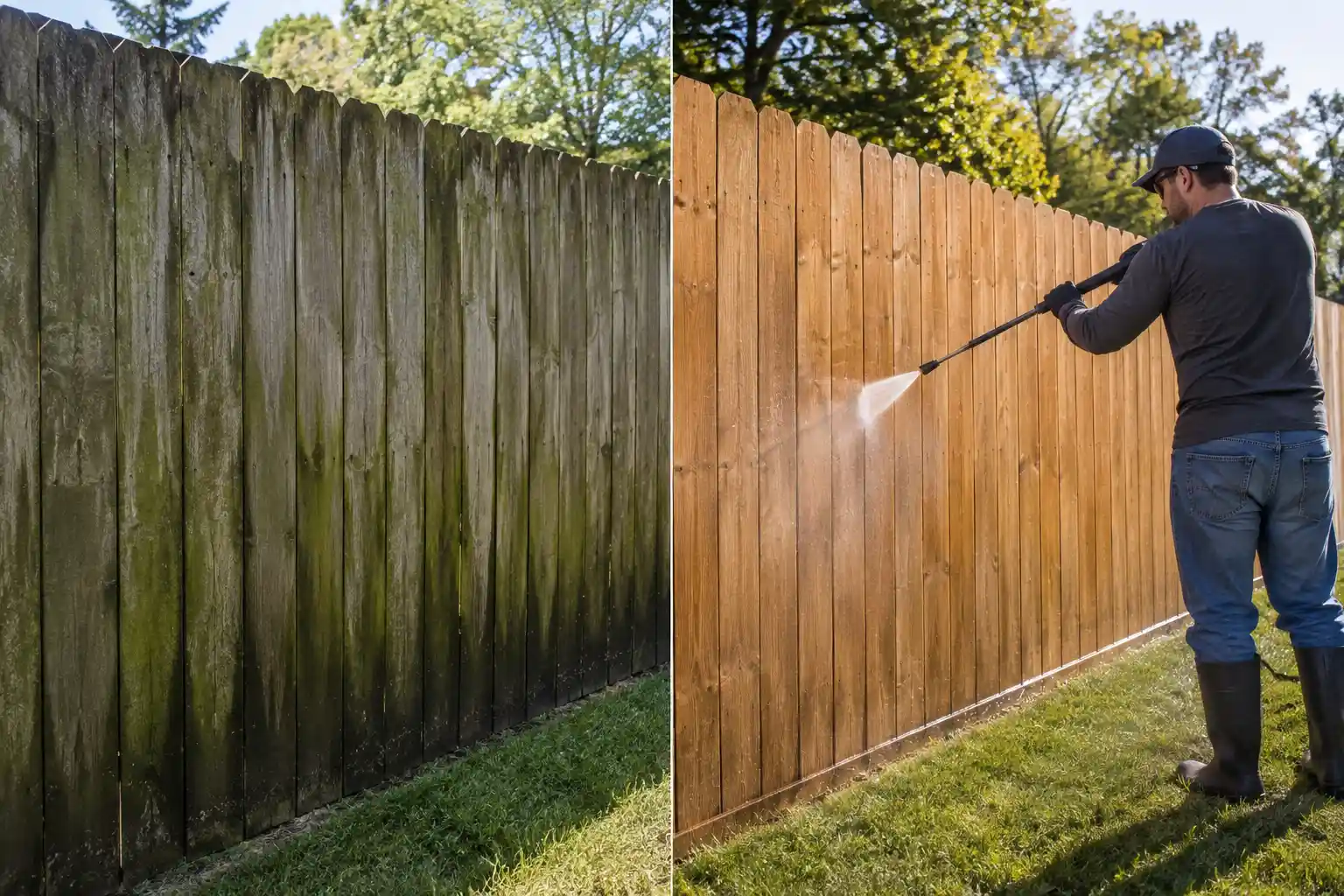 Before and after pressure washing a weathered wood stockade fence back to warm wood in Long Island, NY