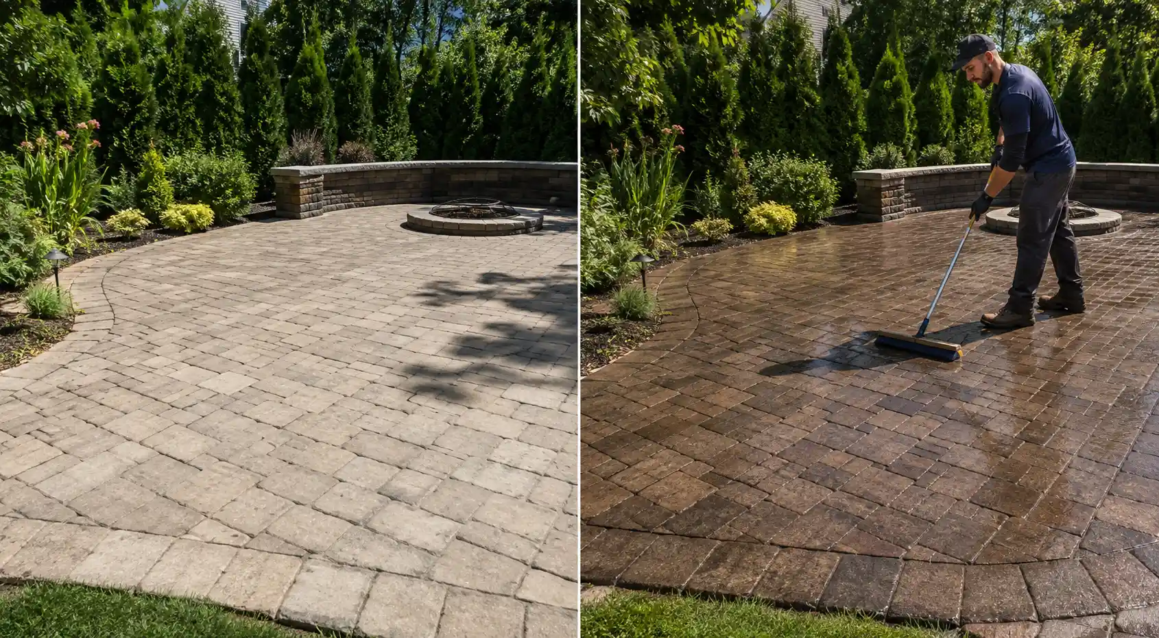 Before and after sealing a circular paver patio and fire pit surround in Long Island, NY