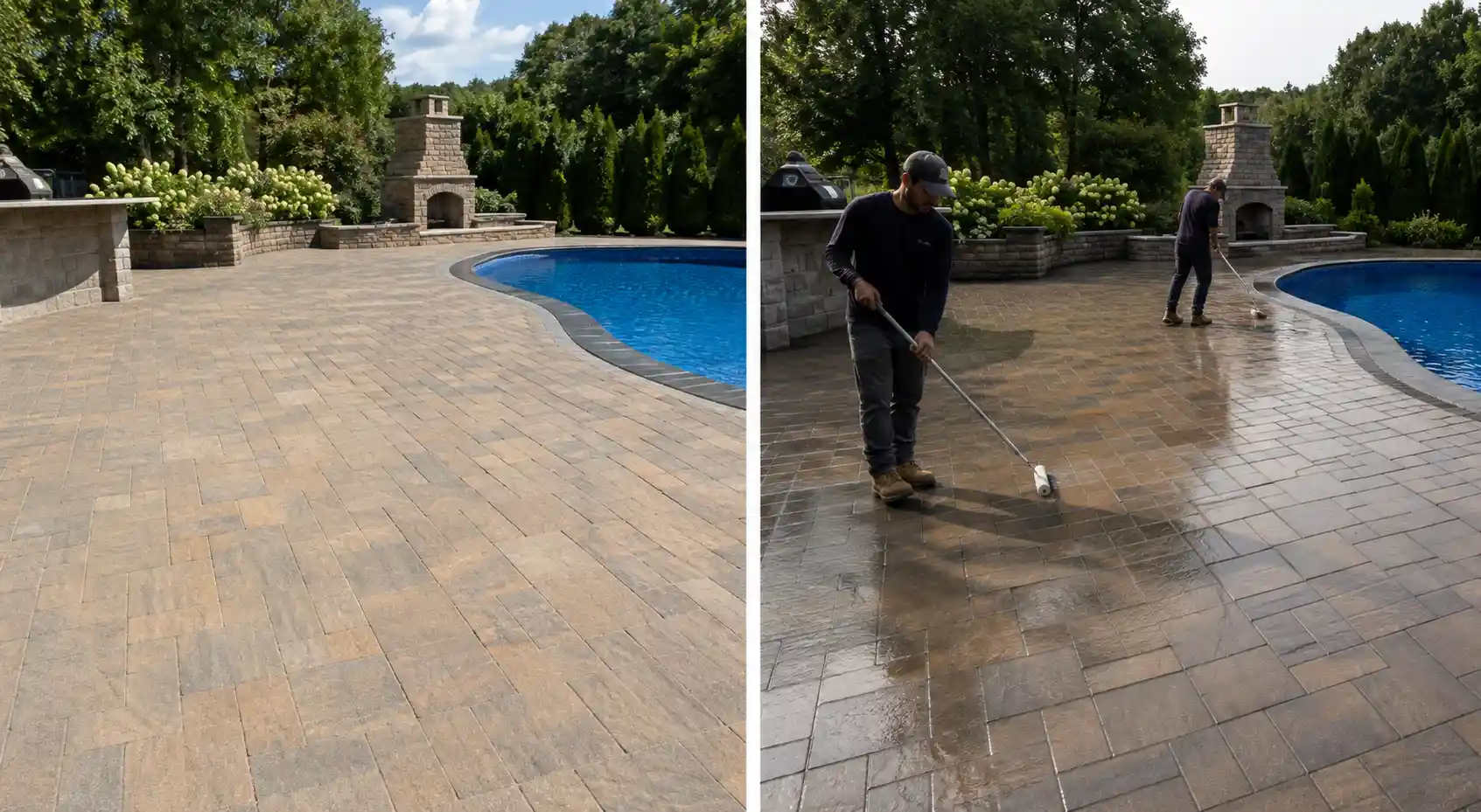Before and after sealing pool deck pavers around an outdoor fireplace in Long Island, NY