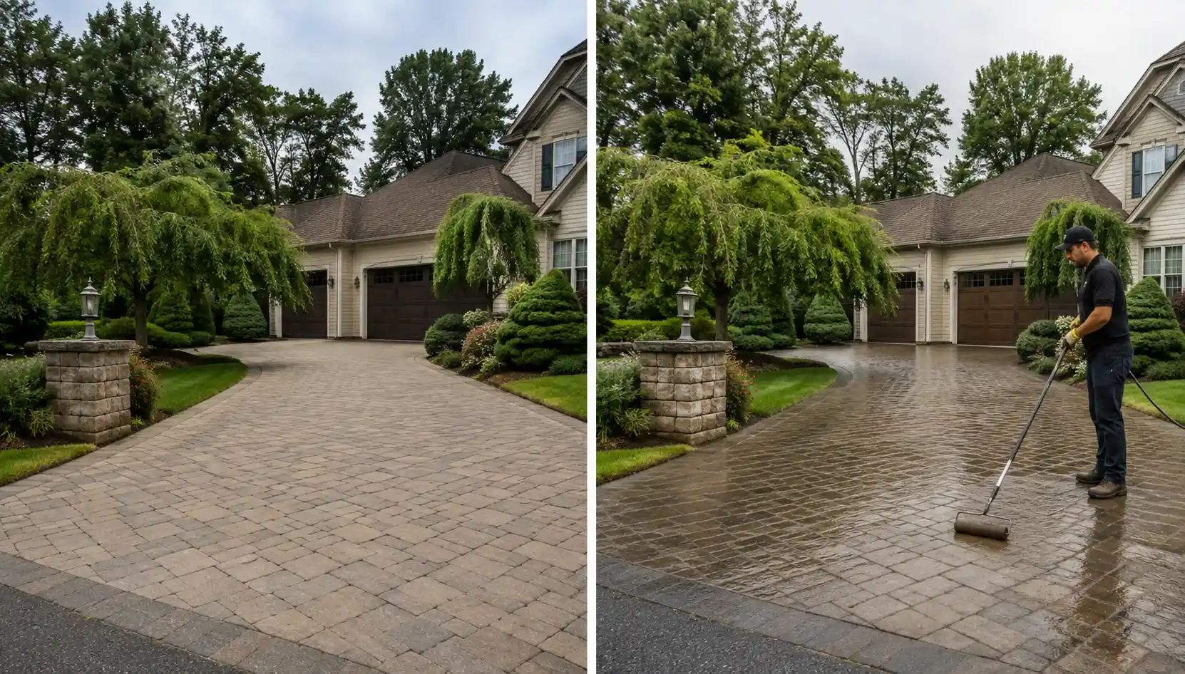 Before and after sealing a paver driveway at a Long Island home