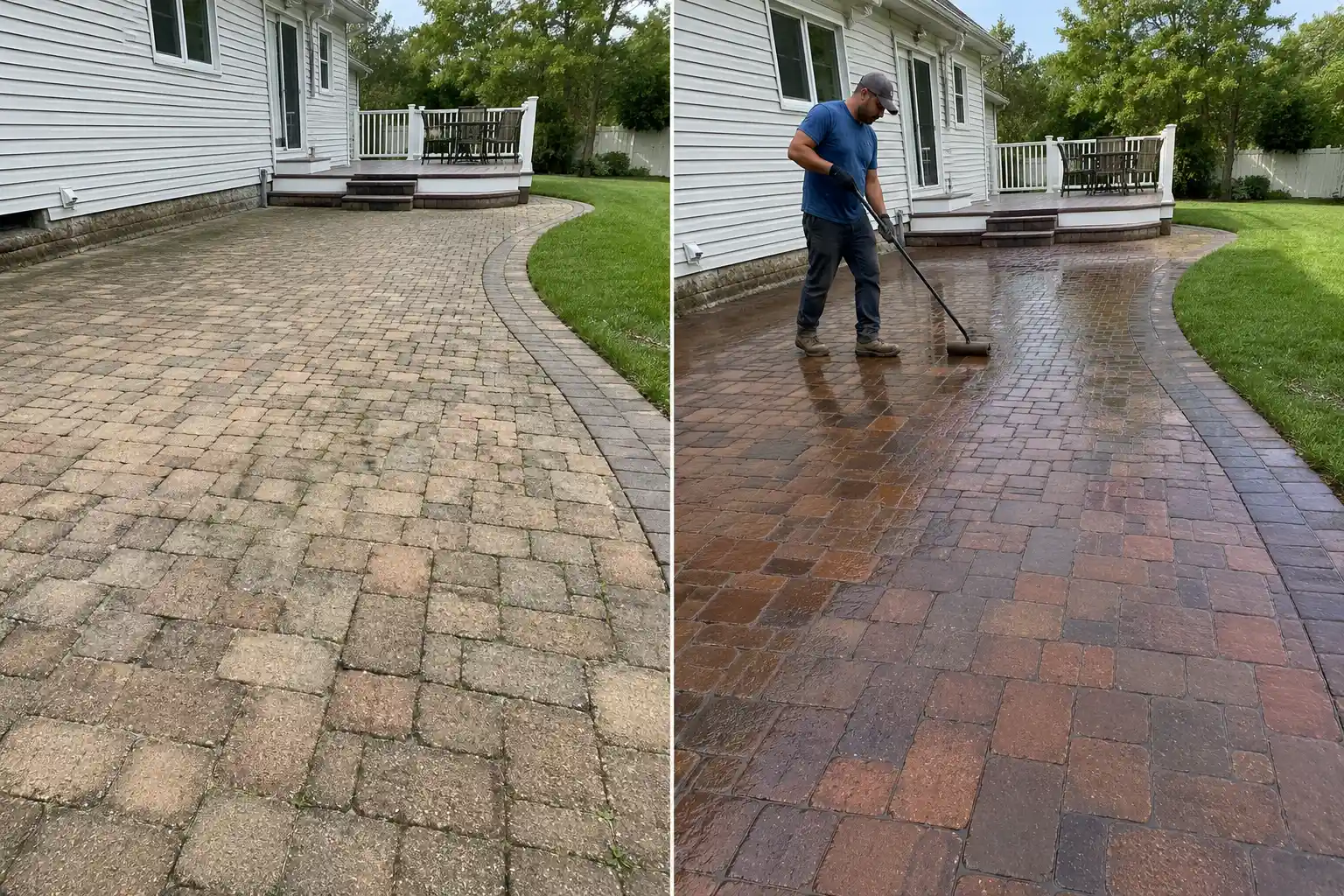 Before and after applying a wet look sealer to a paver walkway and patio in Long Island, NY