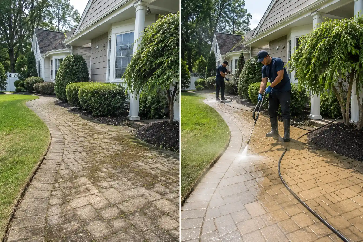 Before and after power washing an algae stained paver walkway at a Long Island home