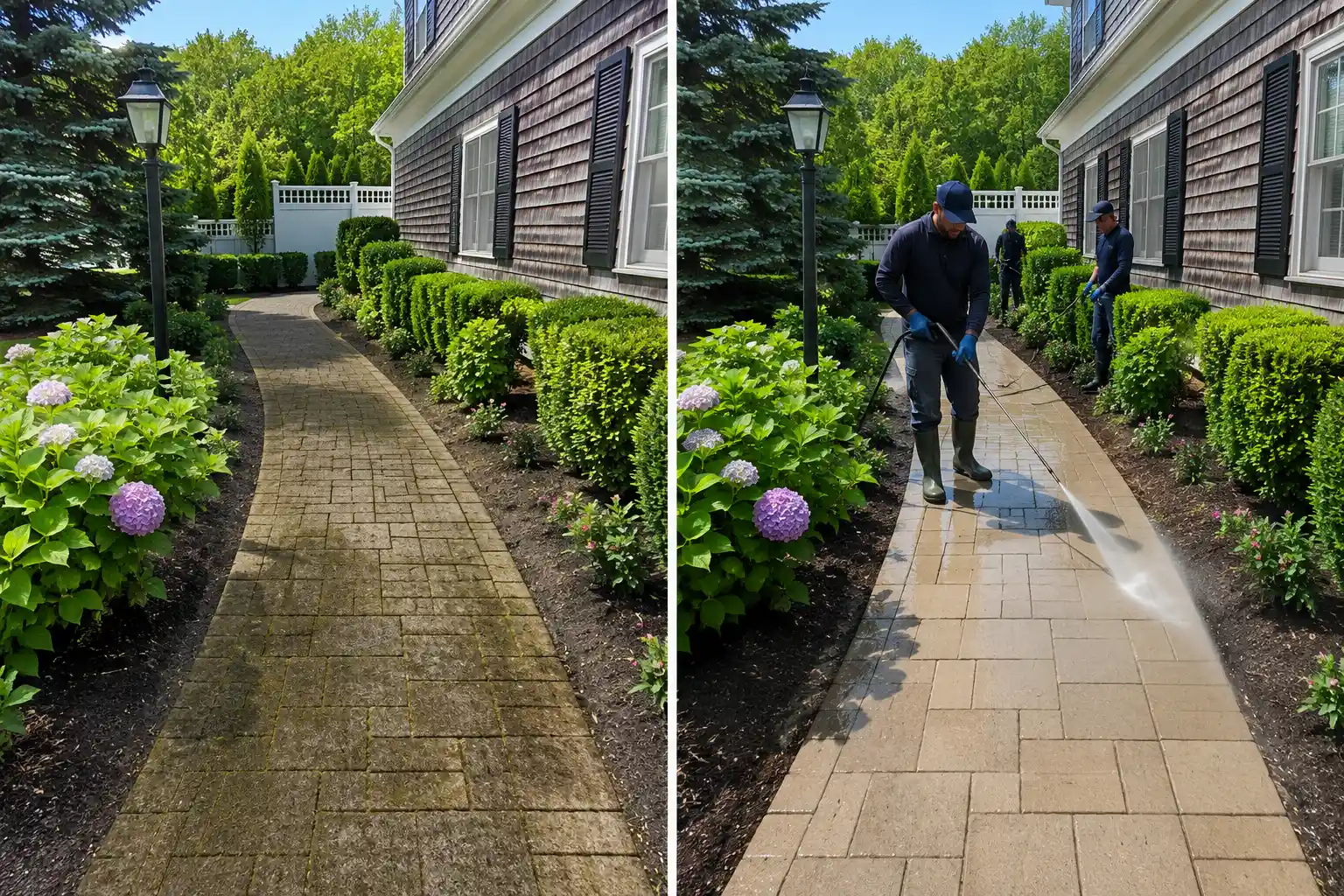 Before and after power washing a paver front walkway lined with hydrangeas in Long Island, NY