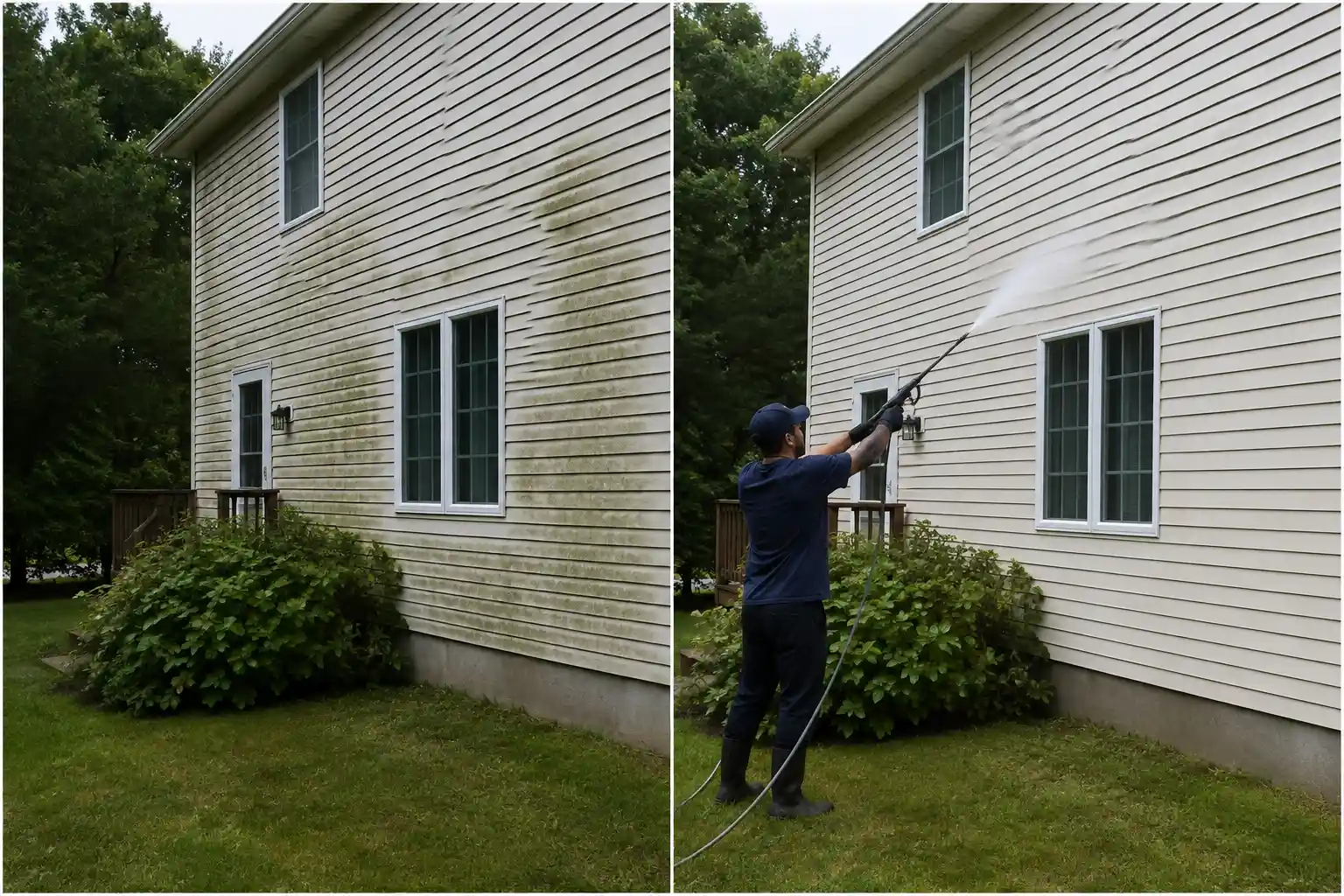 Before and after soft washing green algae off lap siding in Long Island, NY