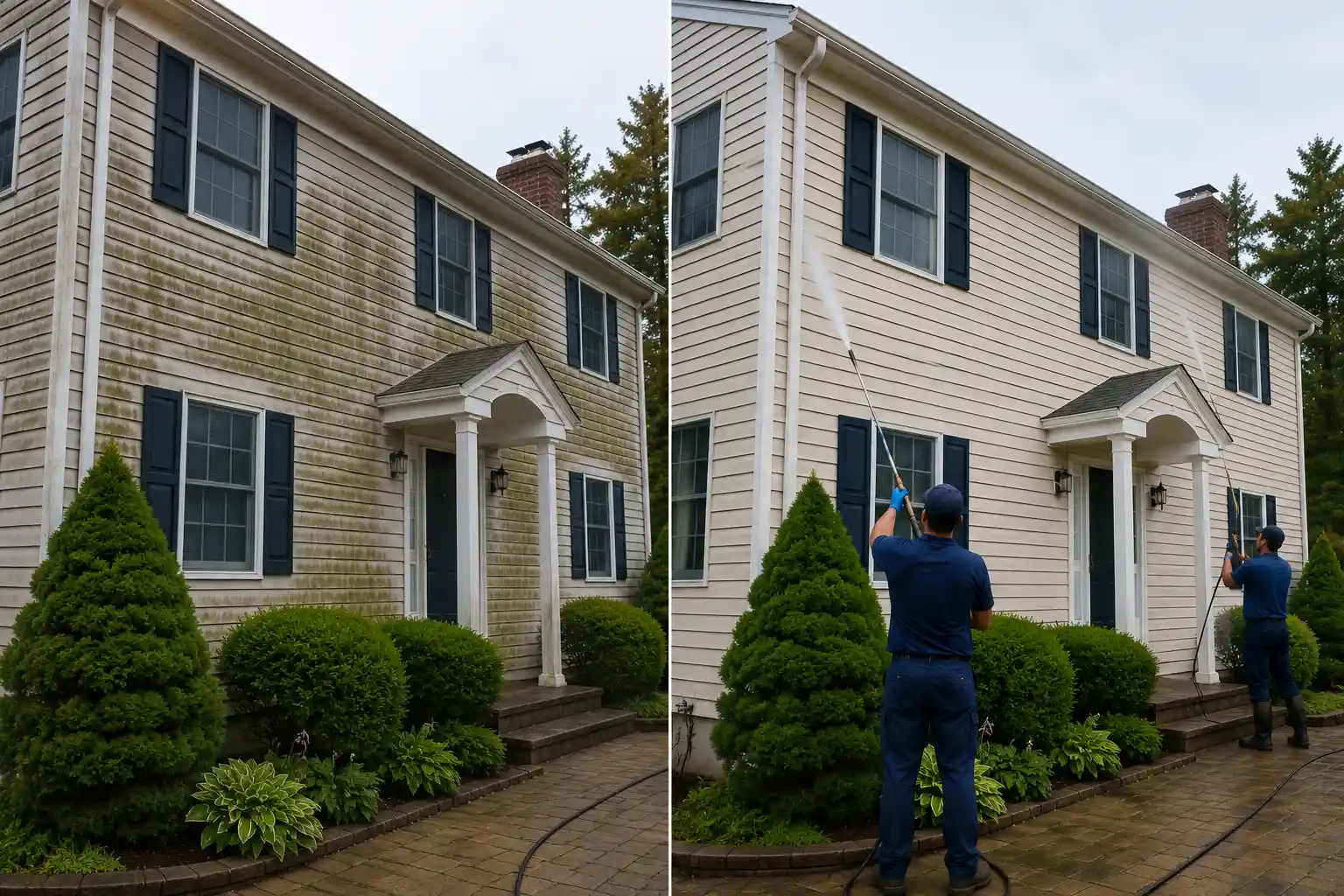 Before and after power washing the siding and trim on a Long Island home with black shutters
