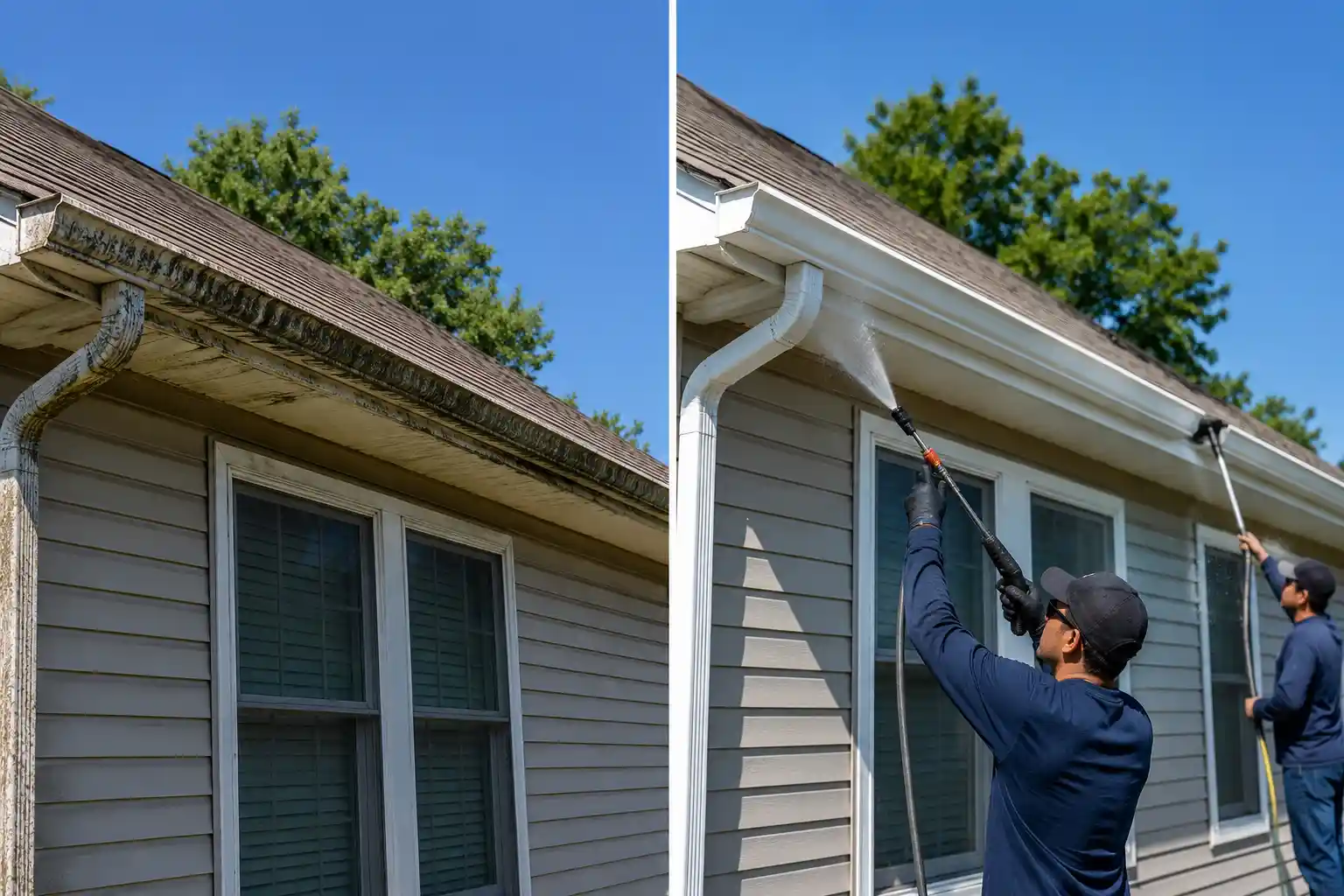 Before and after brightening black tiger stripes off the gutter faces and downspout on a Long Island home
