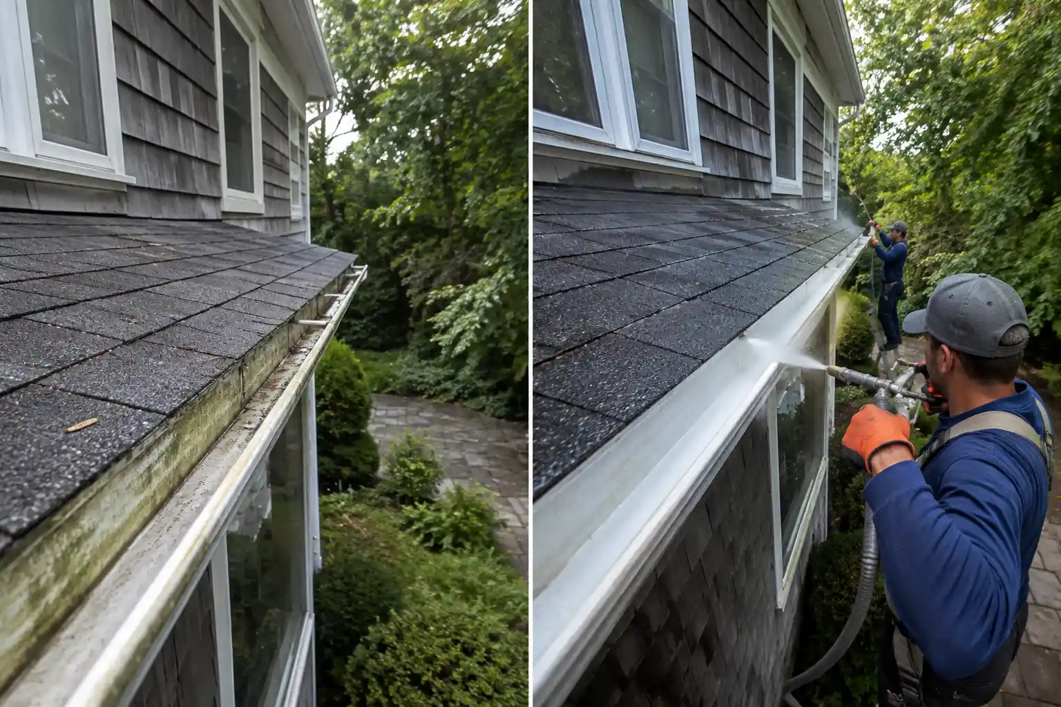 Before and after clearing and washing a debris filled gutter line and mossy roof edge in Long Island, NY