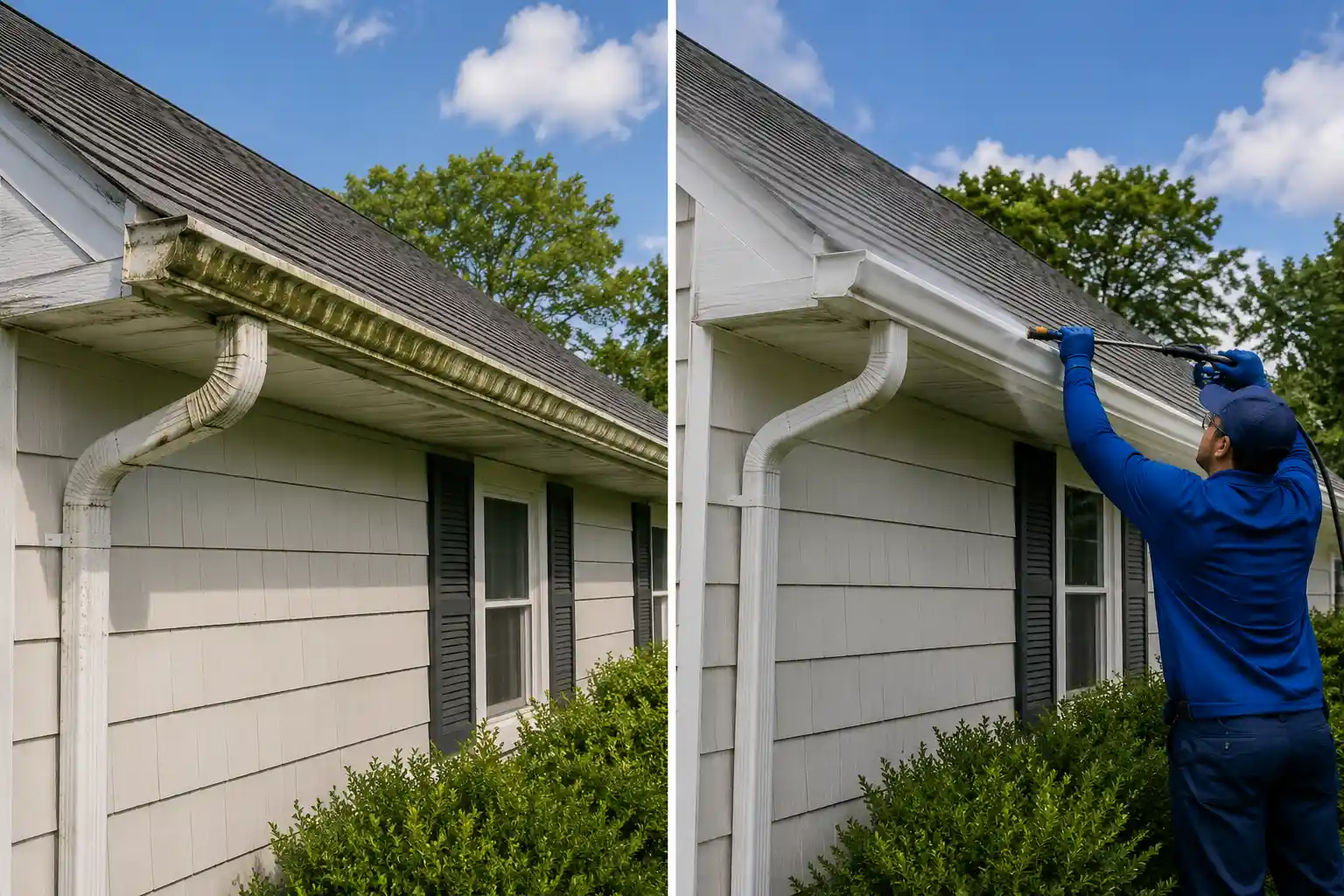 Before and after brightening the soffit and gutters on a Long Island home