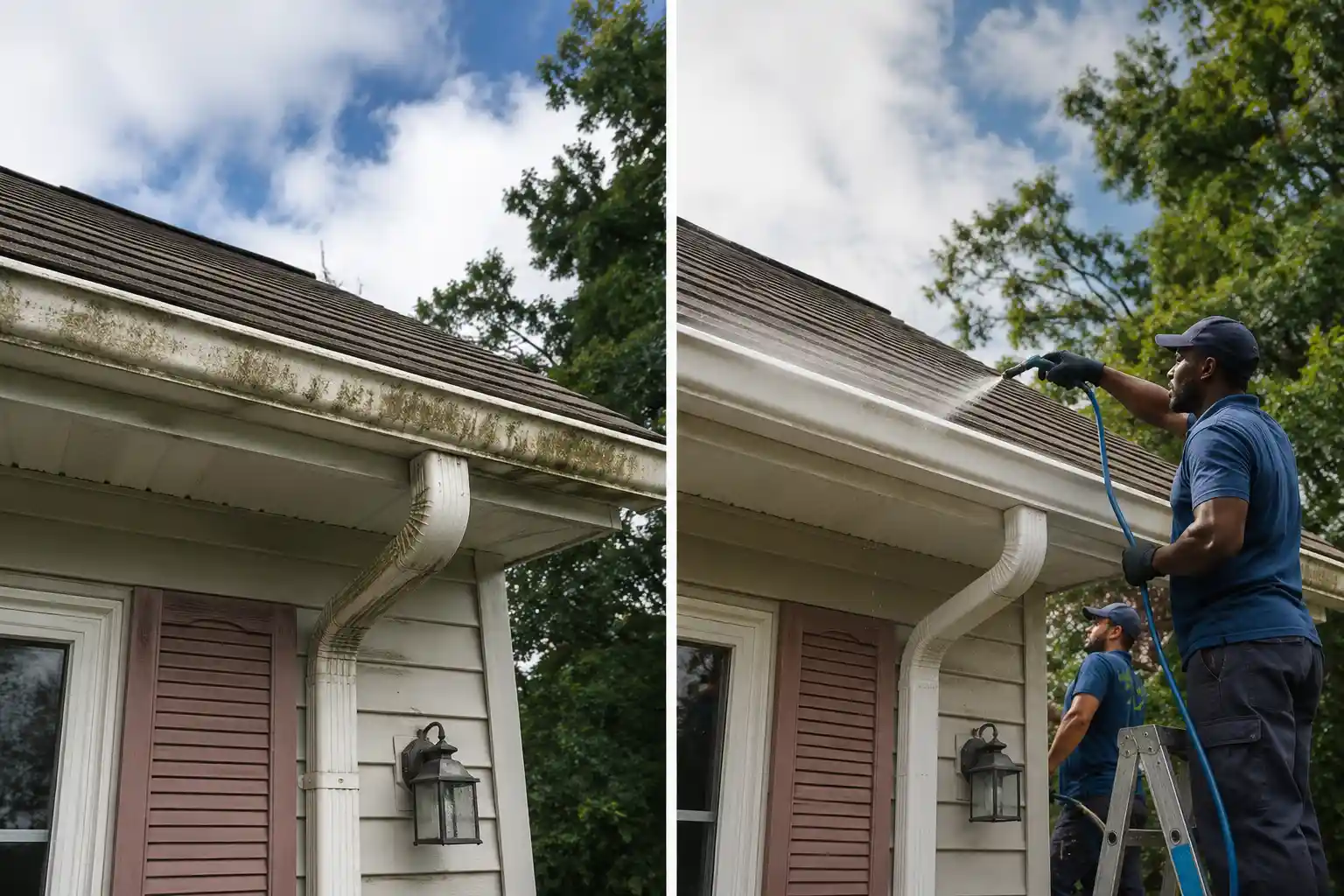 Before and after soft washing green algae off the rake edge and fascia of a Long Island roof
