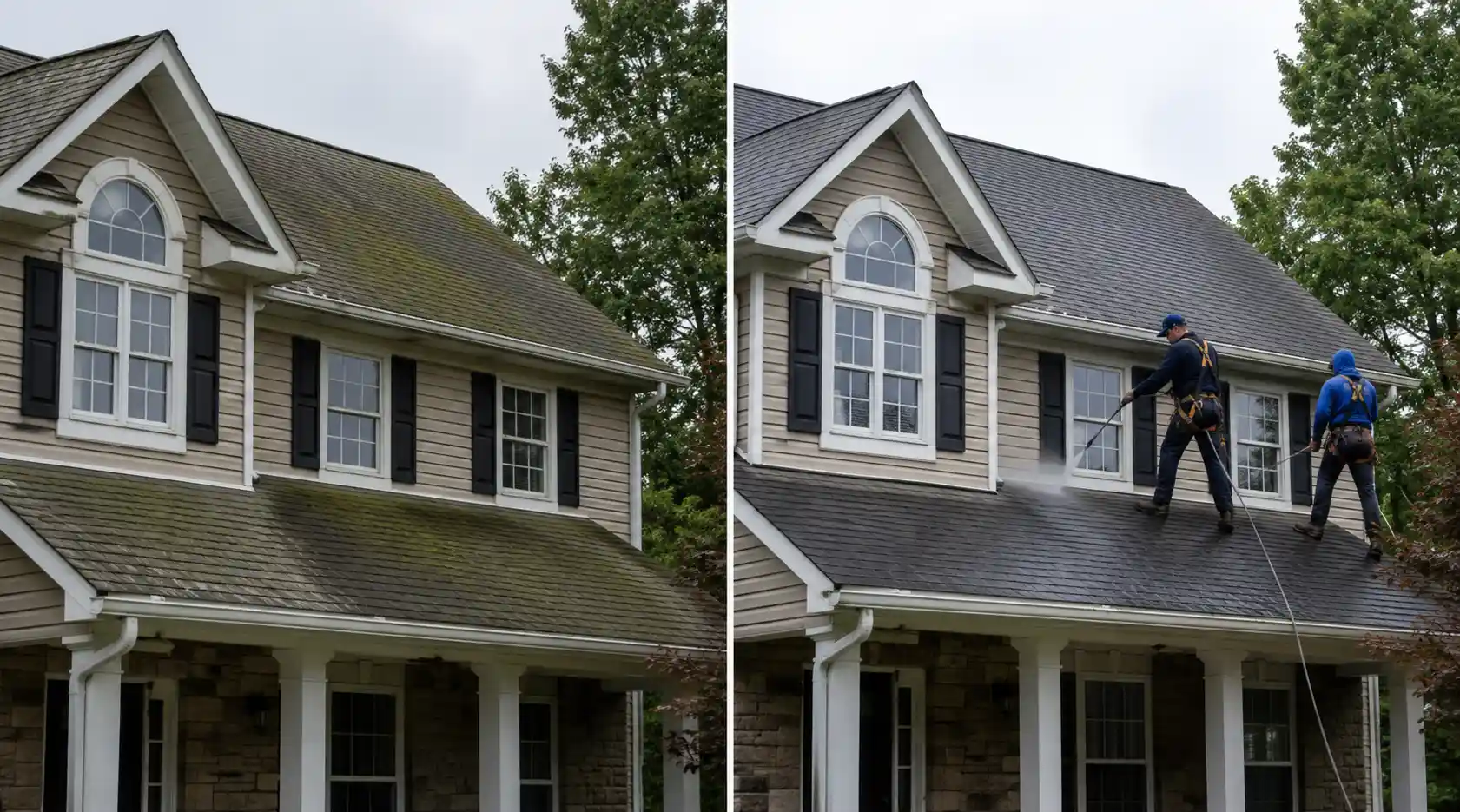 Before and after removing moss from the gable roof of a Long Island colonial